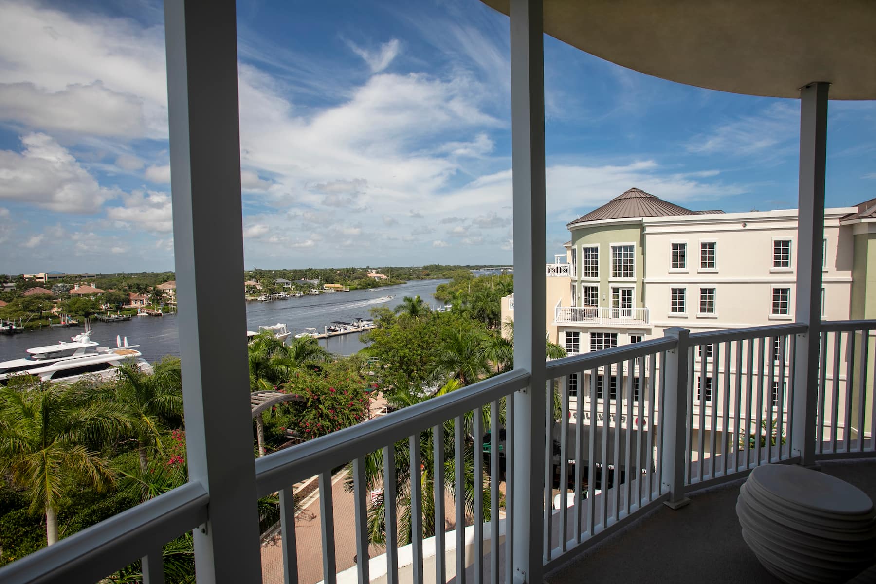 Guest room at the Wyndham Grand Jupiter at Harbourside Place in Jupiter, Florida