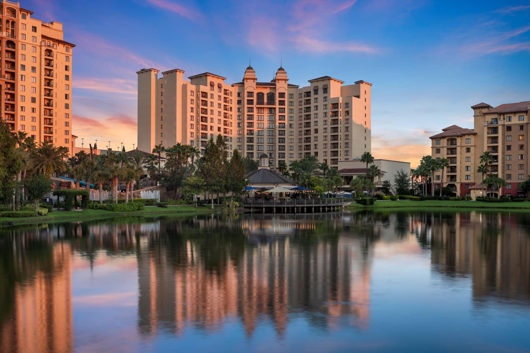 Exterior Dusk Image of Wyndham Grand Orlando Resort Bonnet Creek hotel in Orlando, Florida