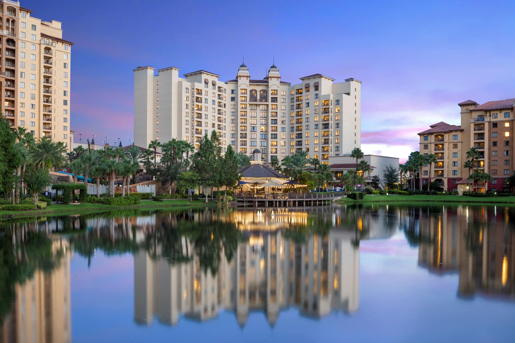 Exterior Night Image of Wyndham Grand Orlando Resort Bonnet Creek hotel in Orlando, Florida