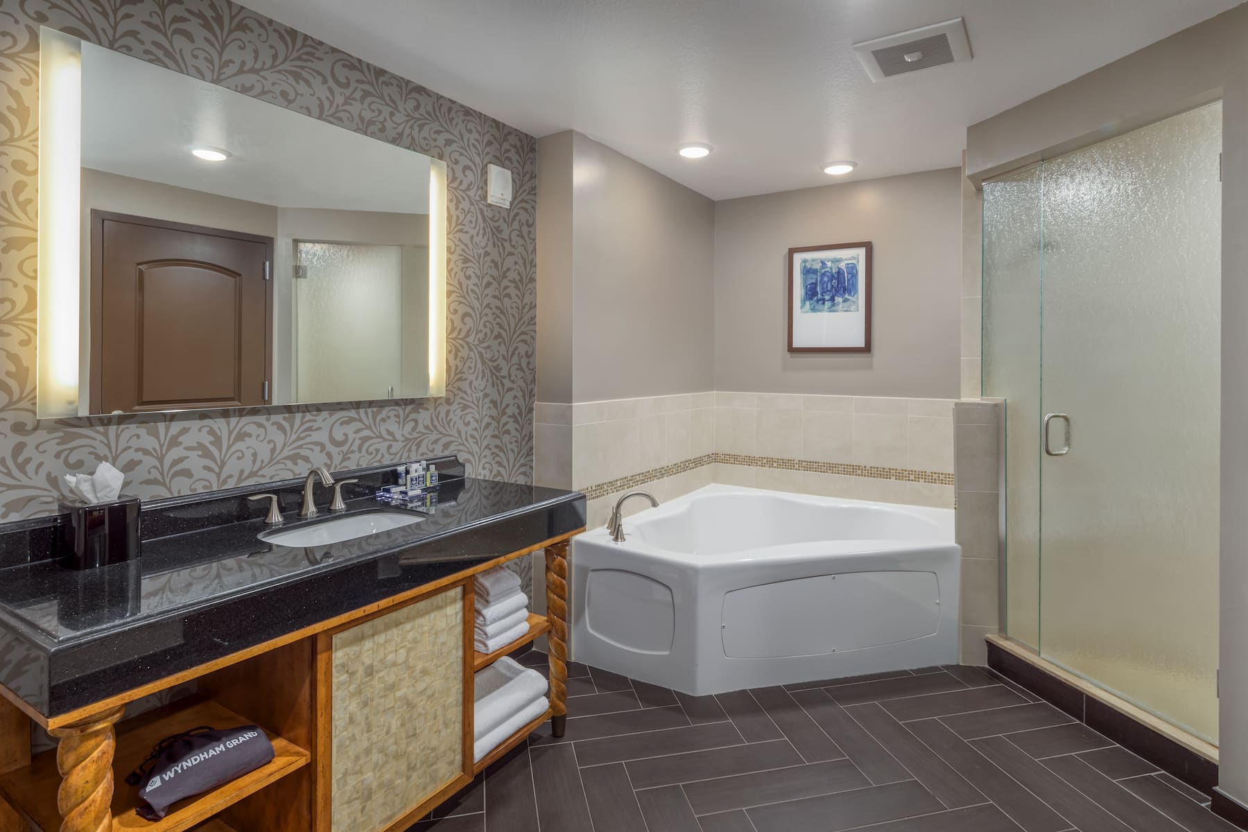 Guest room bath at the Wyndham Grand Orlando Resort Bonnet Creek in Orlando, Florida