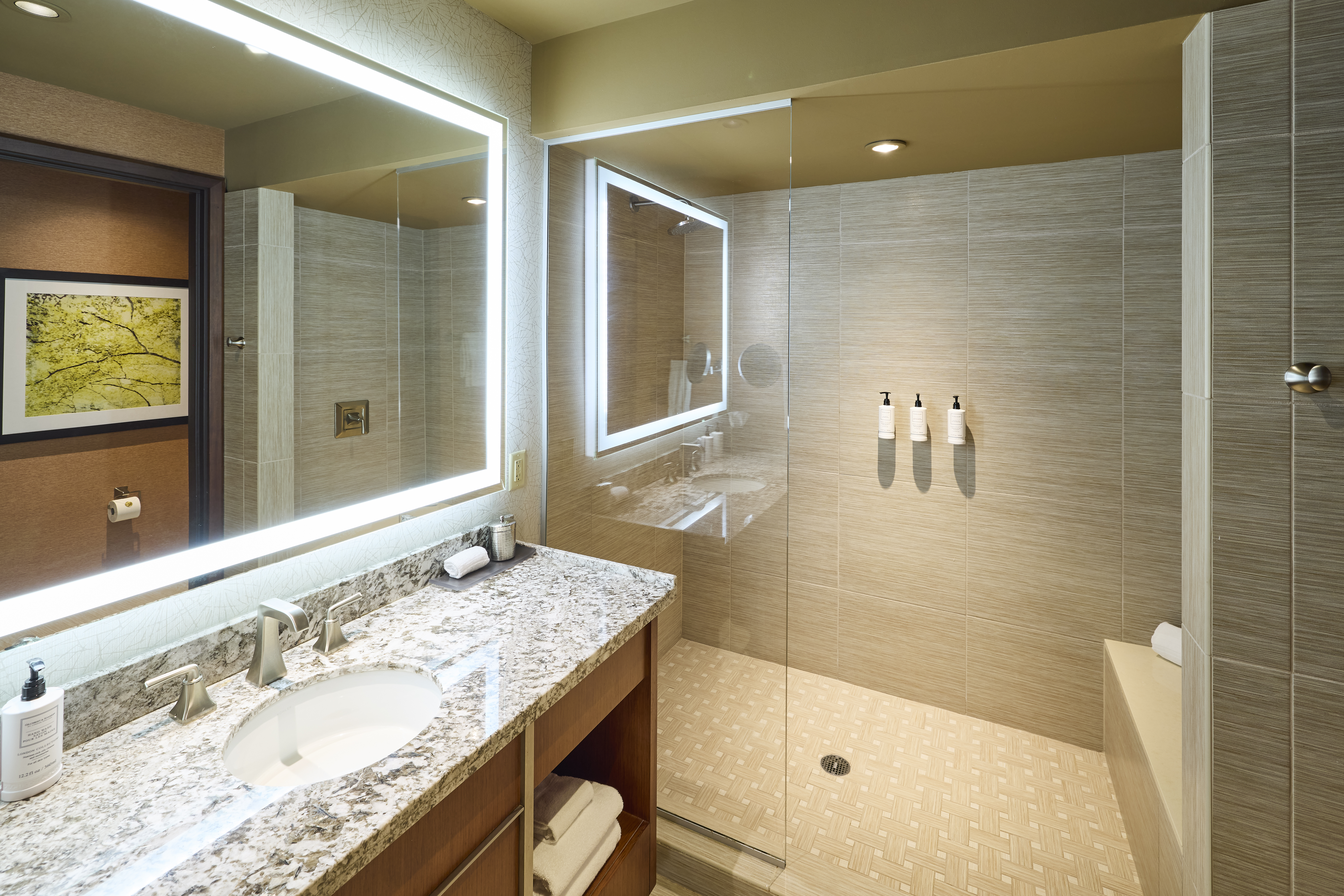 Guest room bath at the Choctaw Casino & Resort Durant, a Wyndham Grand Hotel in Durant, Oklahoma