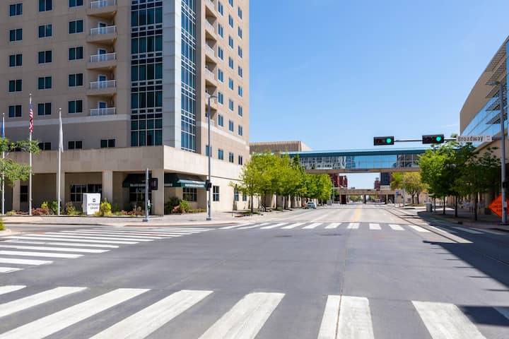 Exterior of Wyndham Grand Oklahoma City Downtown hotel in Oklahoma City, Oklahoma