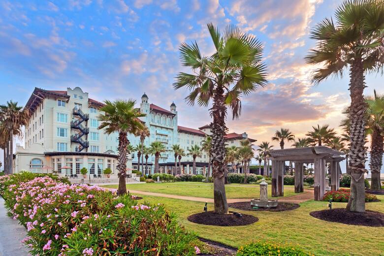 Exterior of Hotel Galvez & Spa A Wyndham Grand Hotel hotel in Galveston, Texas