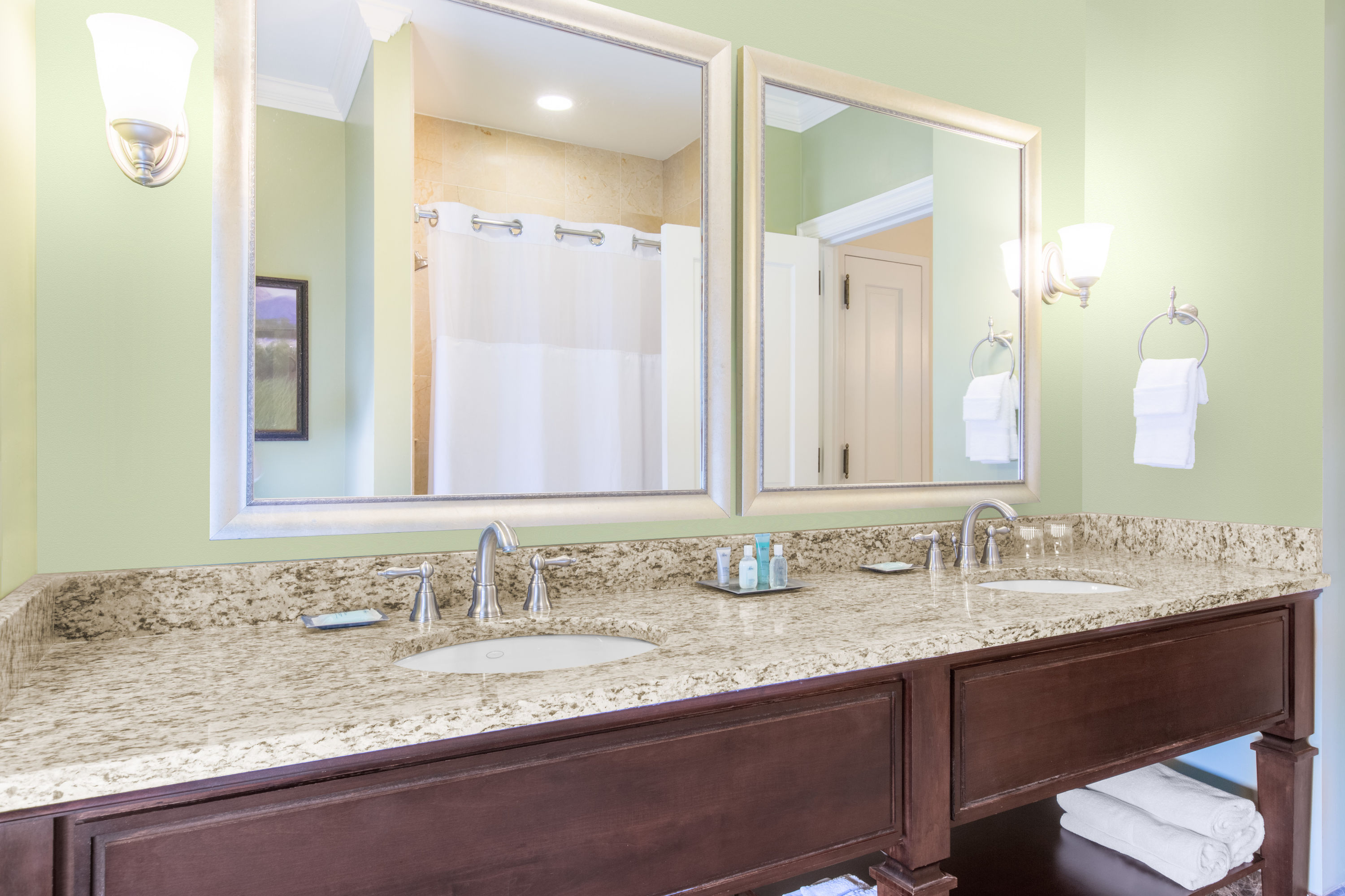 Guest room bath at the The George Washington, a Wyndham Grand Hotel in Winchester, Virginia