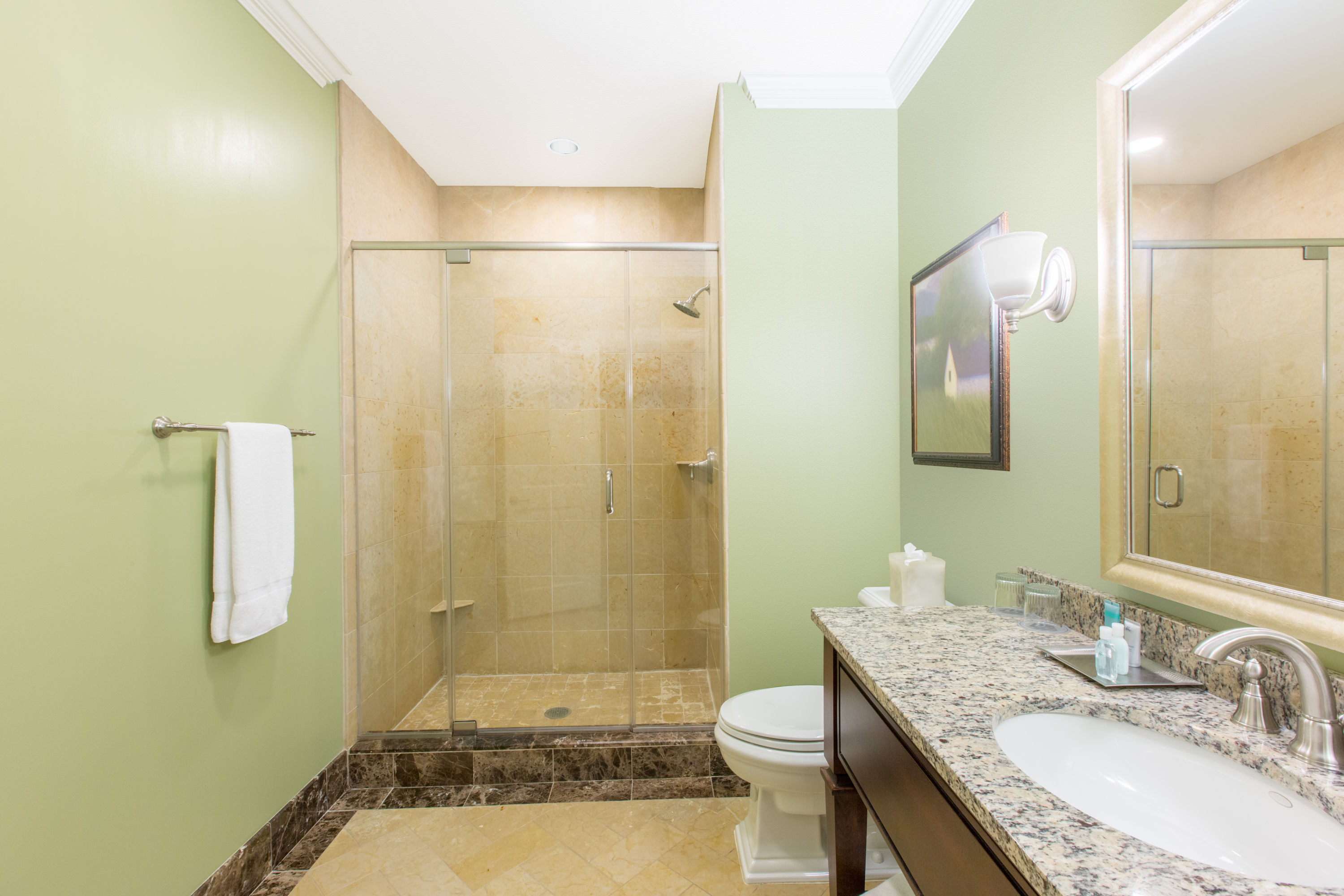 Guest room bath at the The George Washington, a Wyndham Grand Hotel in Winchester, Virginia