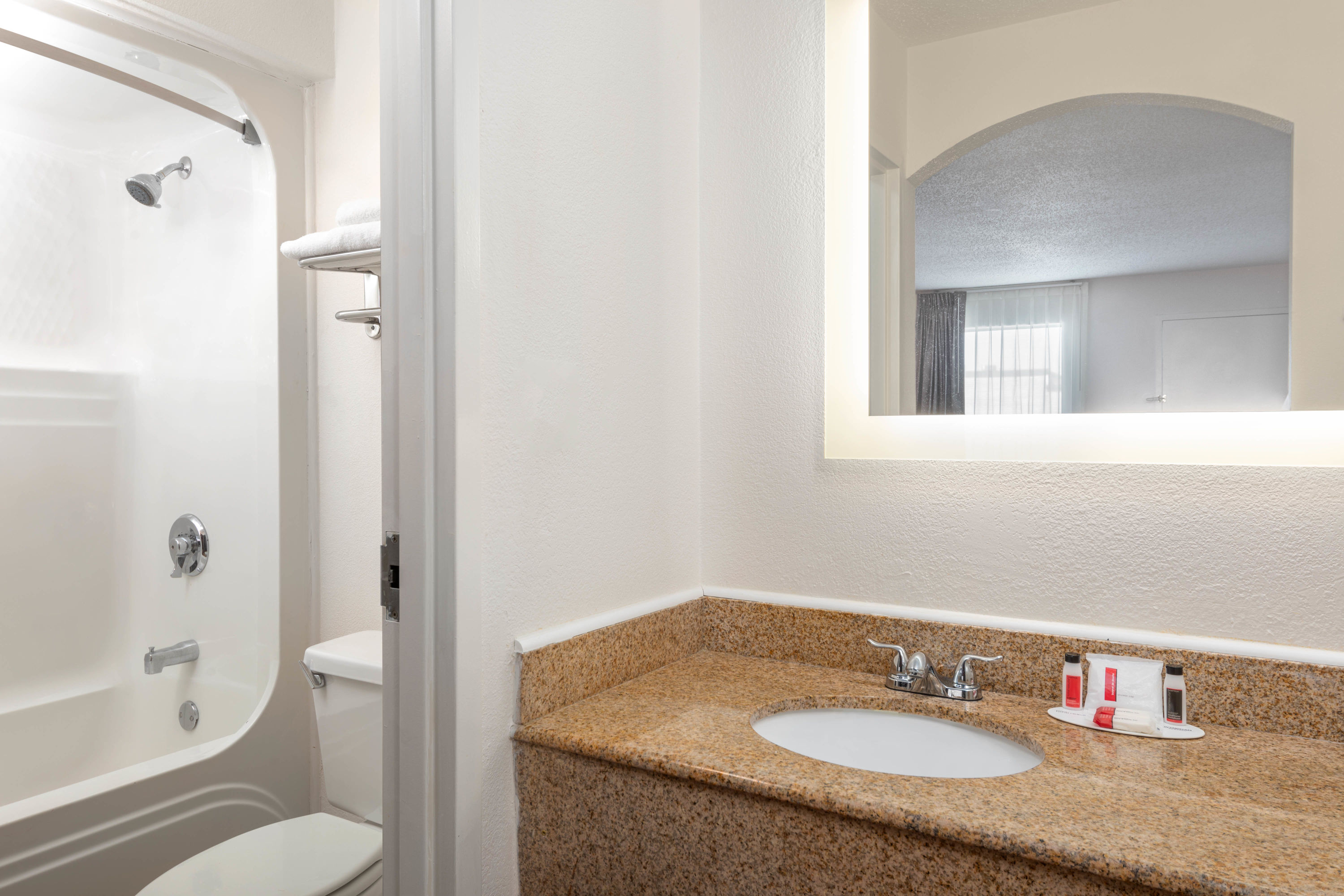 Guest room bath at the Howard Johnson by Wyndham Rock Hill in Rock Hill, South Carolina