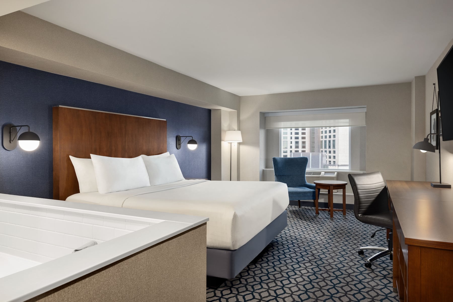 Guest room at the Wyndham Fallsview Hotel in Niagara Falls, Ontario