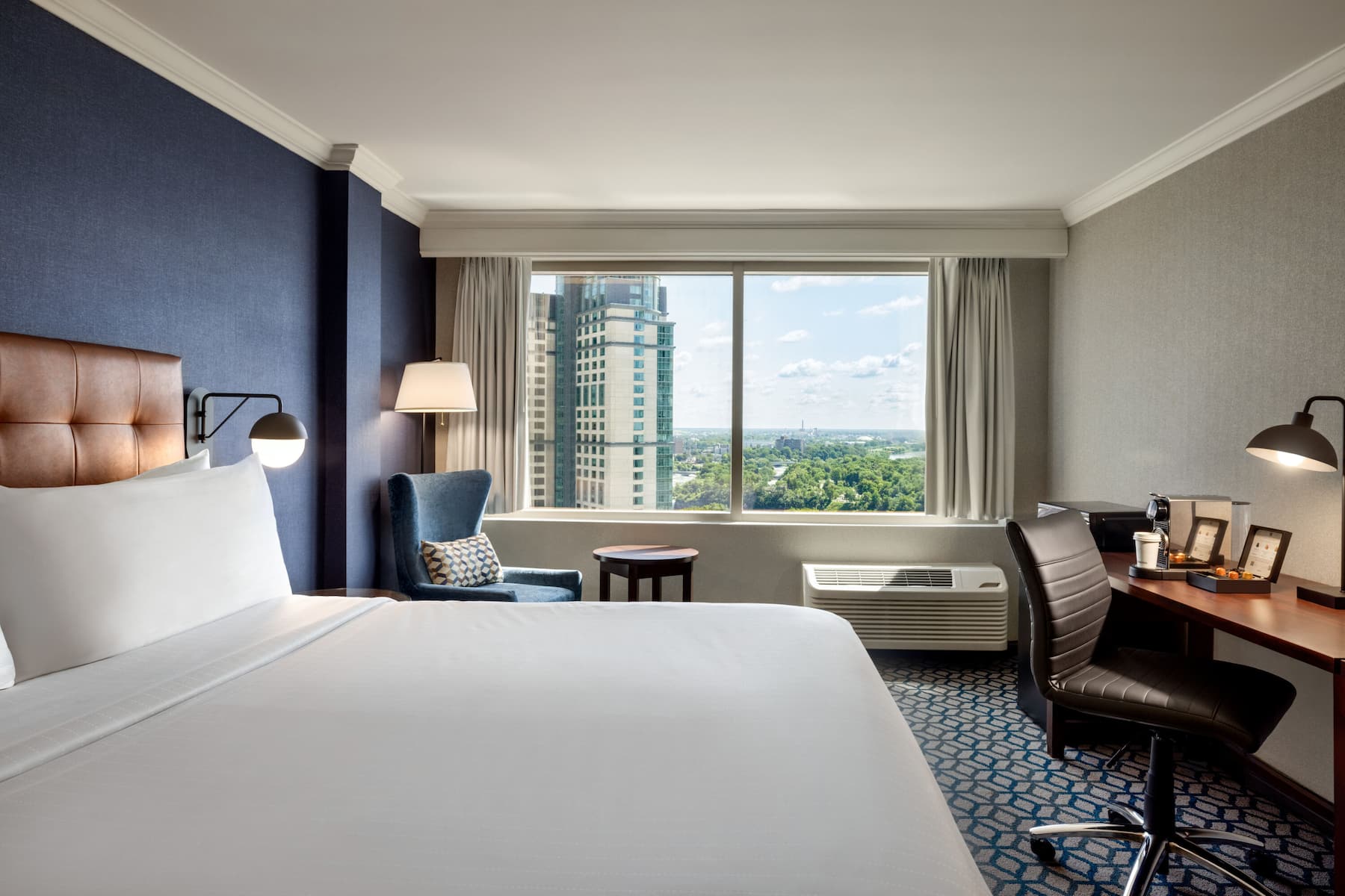 Guest room at the Wyndham Fallsview Hotel in Niagara Falls, Ontario