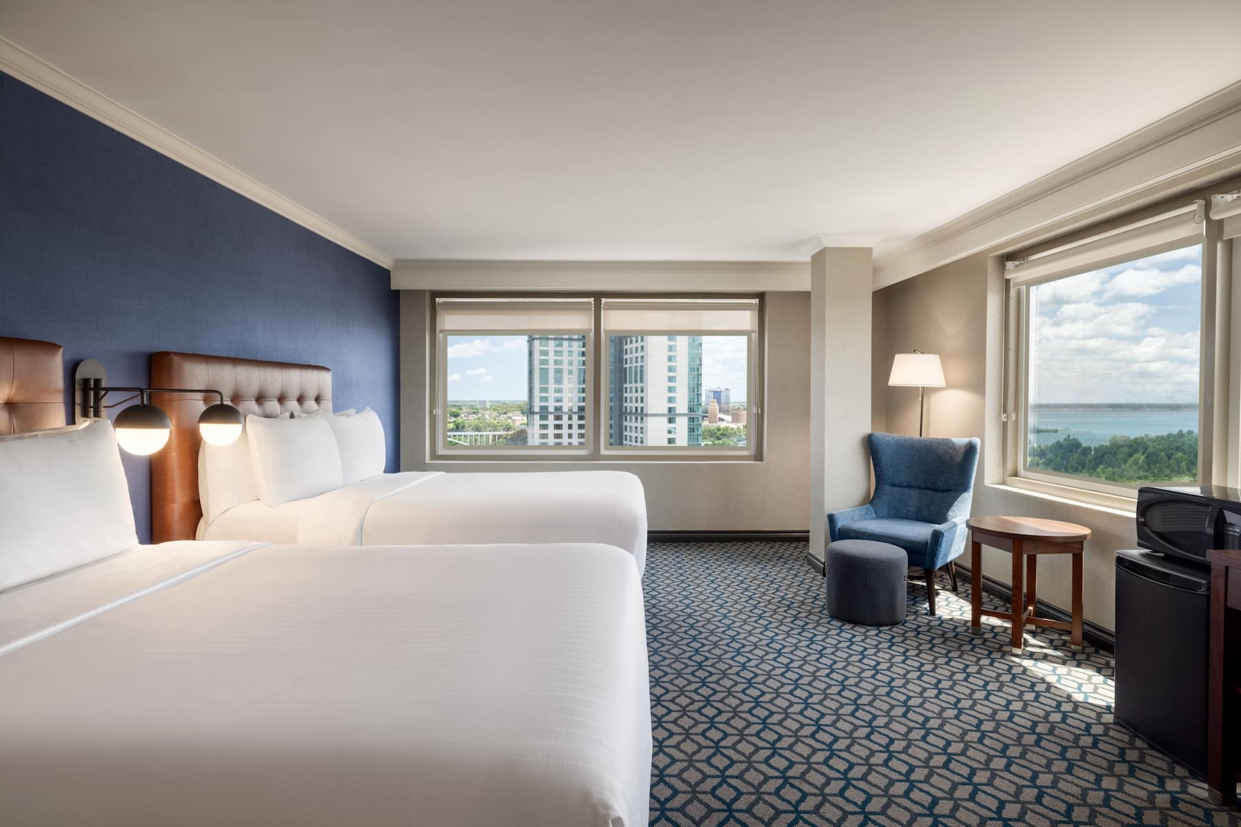 Guest room at the Wyndham Fallsview Hotel in Niagara Falls, Ontario