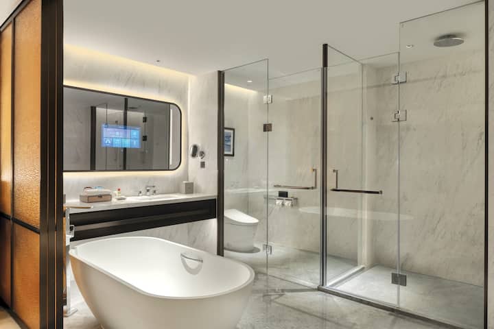Guest room bath at the Wyndham Xiongan in Baoding, Other than US/Canada