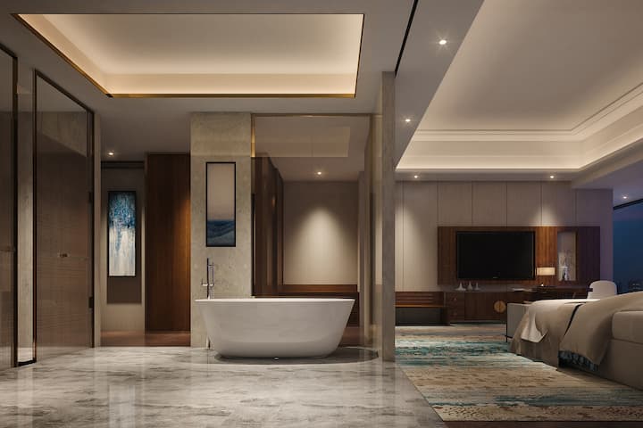 Guest room bath at the Wyndham Xinyi Lotus Lake in Maoming, Other than US/Canada