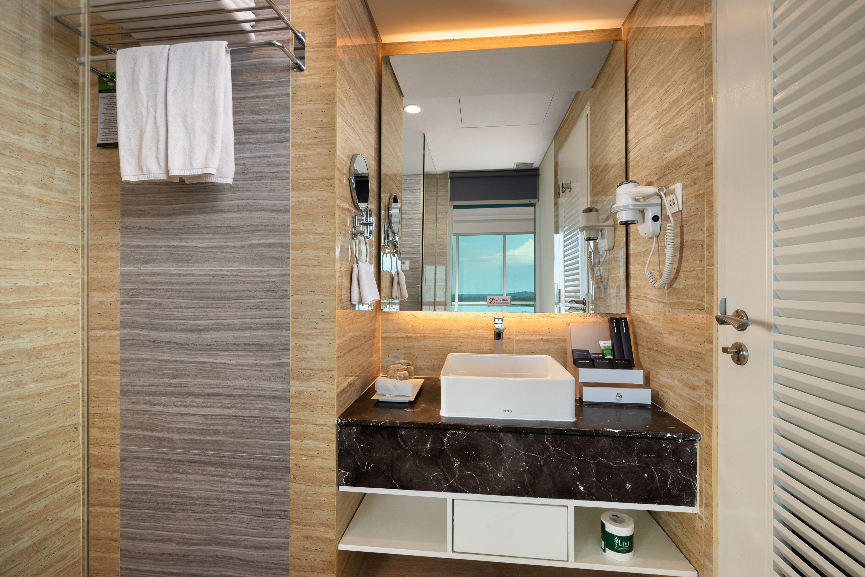 Guest room bath at the Wyndham Panbil Batam in Batam, Other than US/Canada