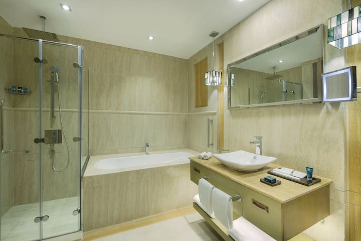 Guest room bath at the Wyndham Doha West Bay in Doha, Other than US/Canada