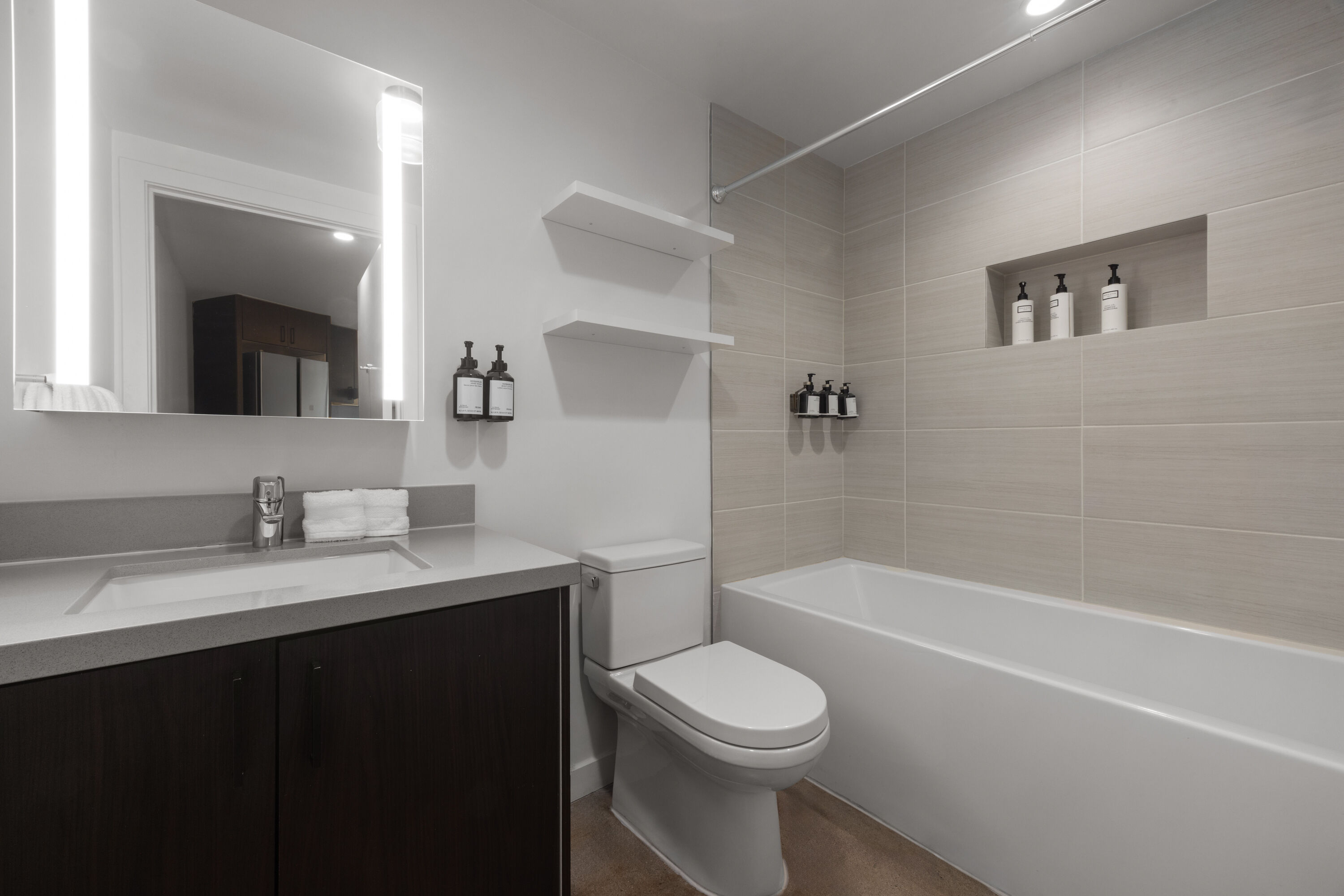 Guest room bath at the The Winfield Lofts, a Wyndham Hotel in Los Angeles, California