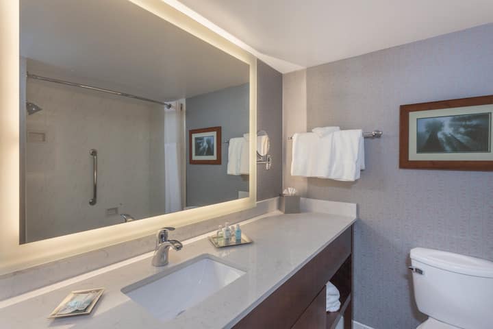 Guest room bath at the Wyndham Visalia in Visalia, California