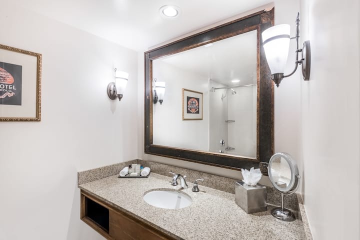 Guest room bath at the The Antlers, a Wyndham Hotel in Colorado Springs, Colorado