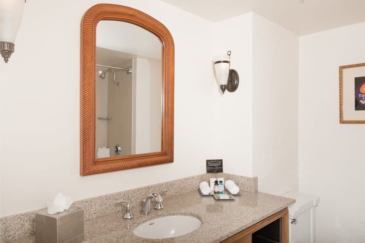 Guest room bath at the The Antlers, a Wyndham Hotel in Colorado Springs, Colorado