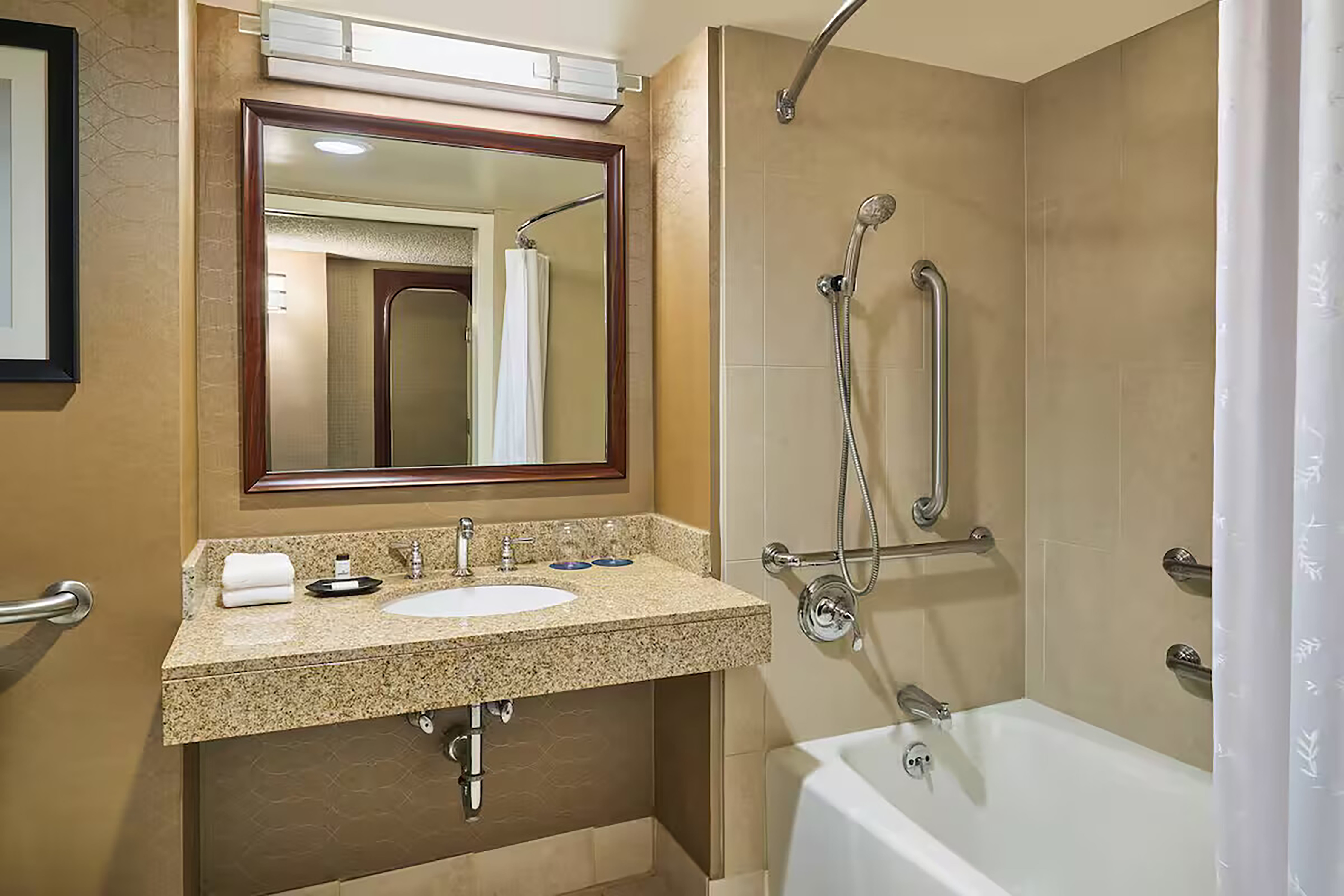 Guest room bath at the Wyndham Denver Tech Center in Greenwood Village, Colorado