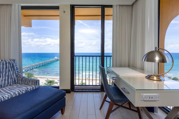 Guest room at the Wyndham Deerfield Beach Resort in Deerfield Beach, Florida
