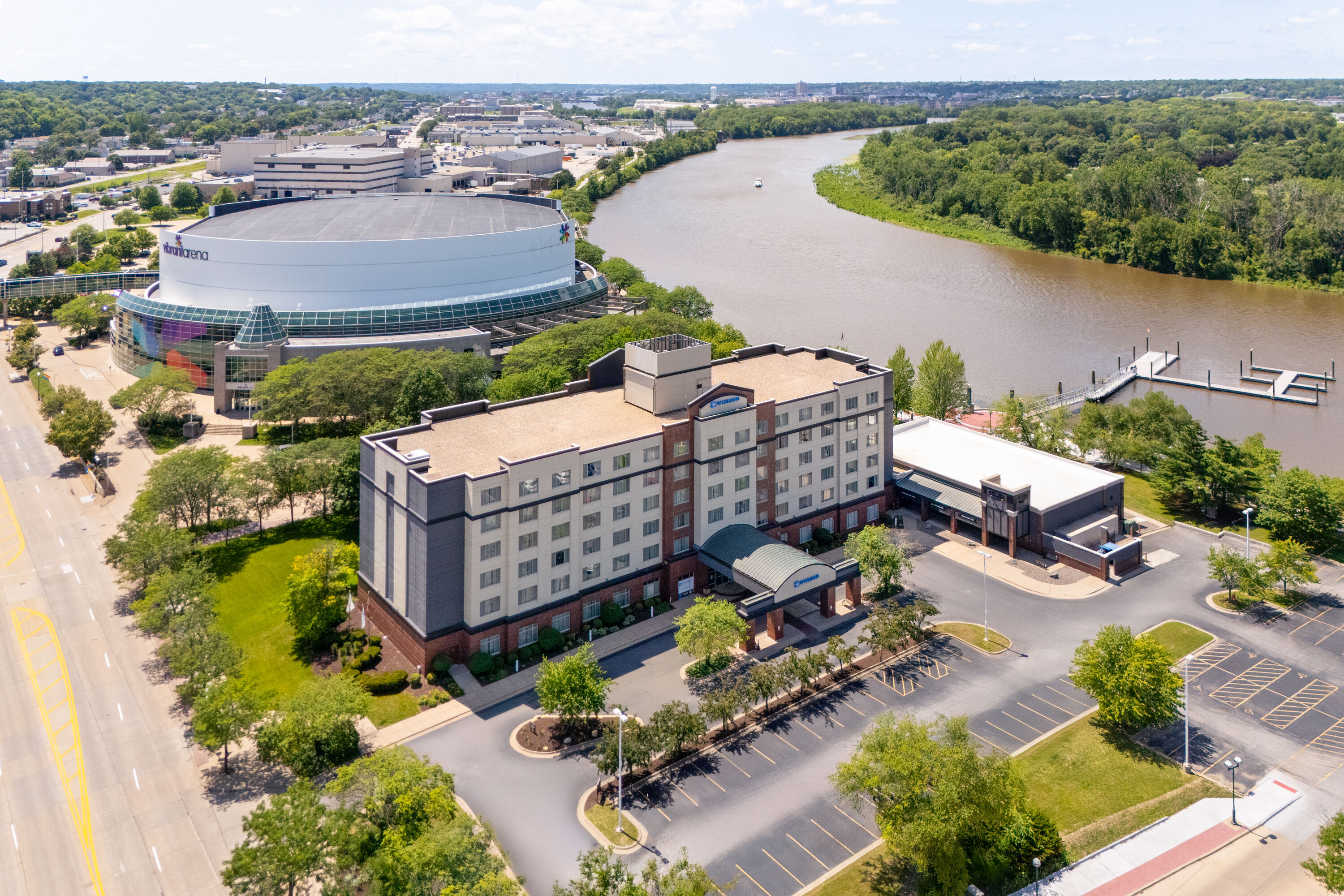 Aerial View of Wyndham Moline on John Deere Commons hotel in Moline, Illinois