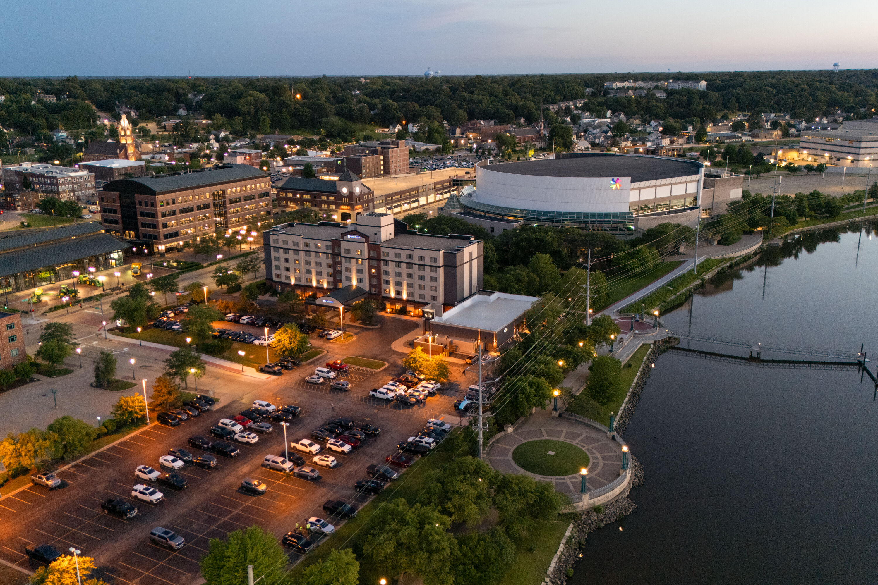 Aerial View of Wyndham Moline on John Deere Commons hotel in Moline, Illinois