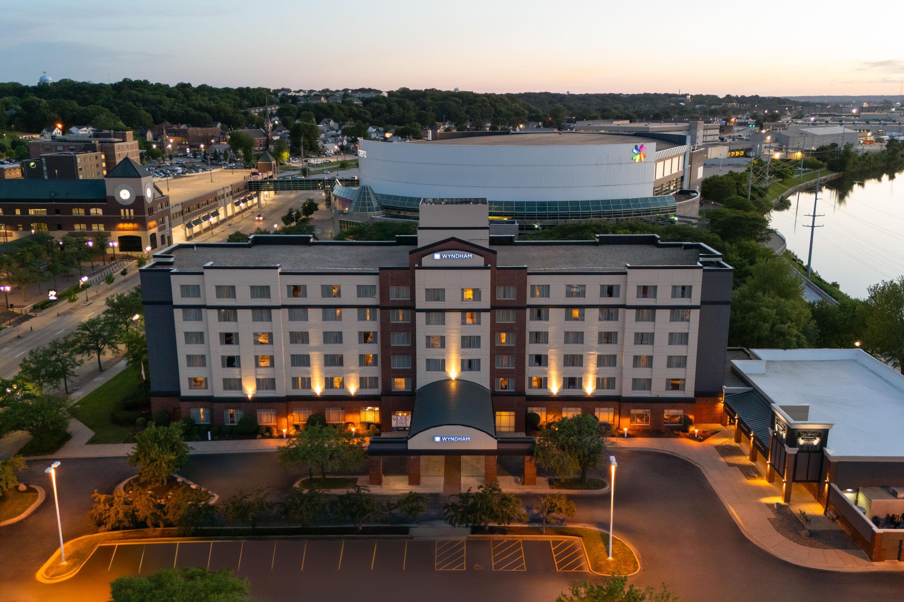 Aerial View of Wyndham Moline on John Deere Commons hotel in Moline, Illinois
