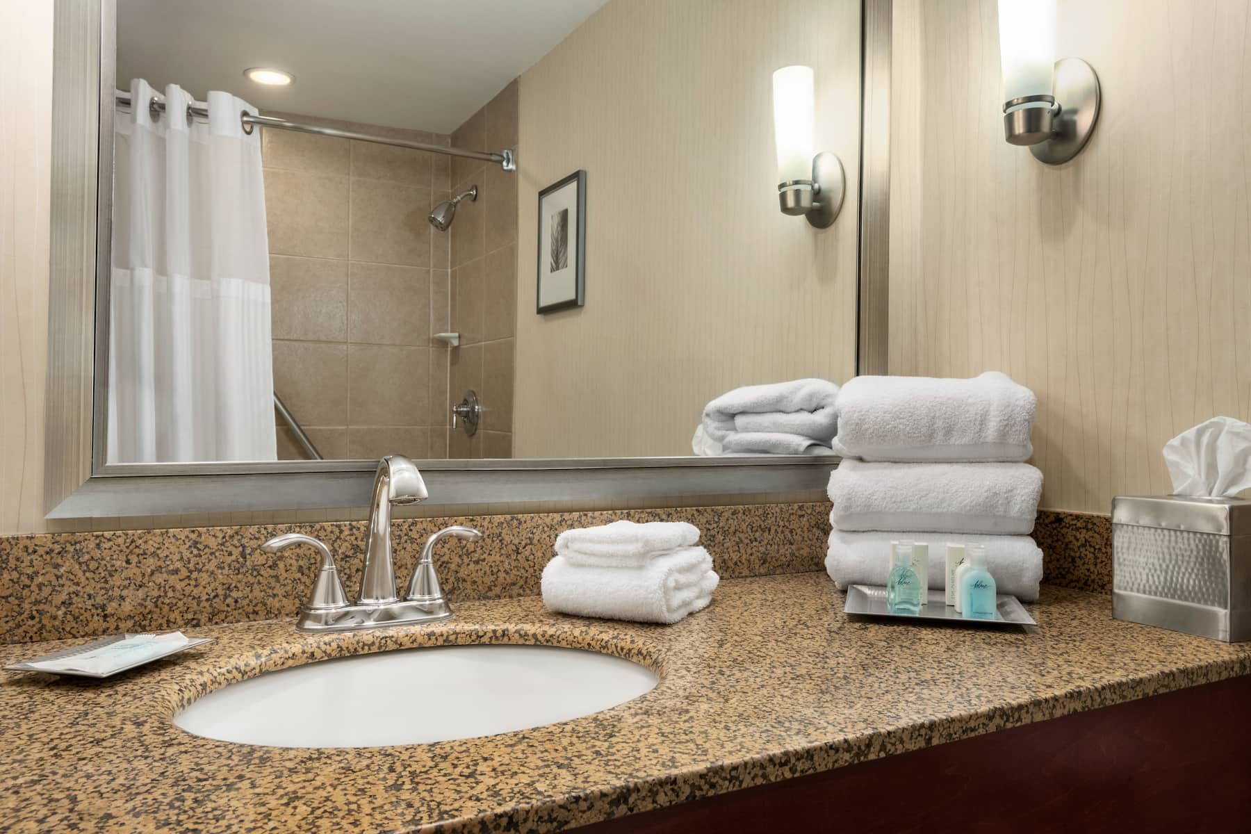 Guest room bath at the Wyndham Springfield City Centre in Springfield, Illinois
