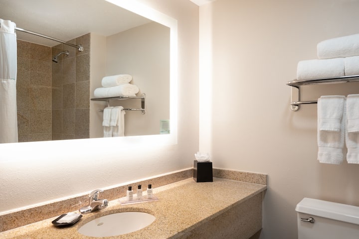 Guest room bath at the Wyndham Indianapolis Airport in Indianapolis, Indiana