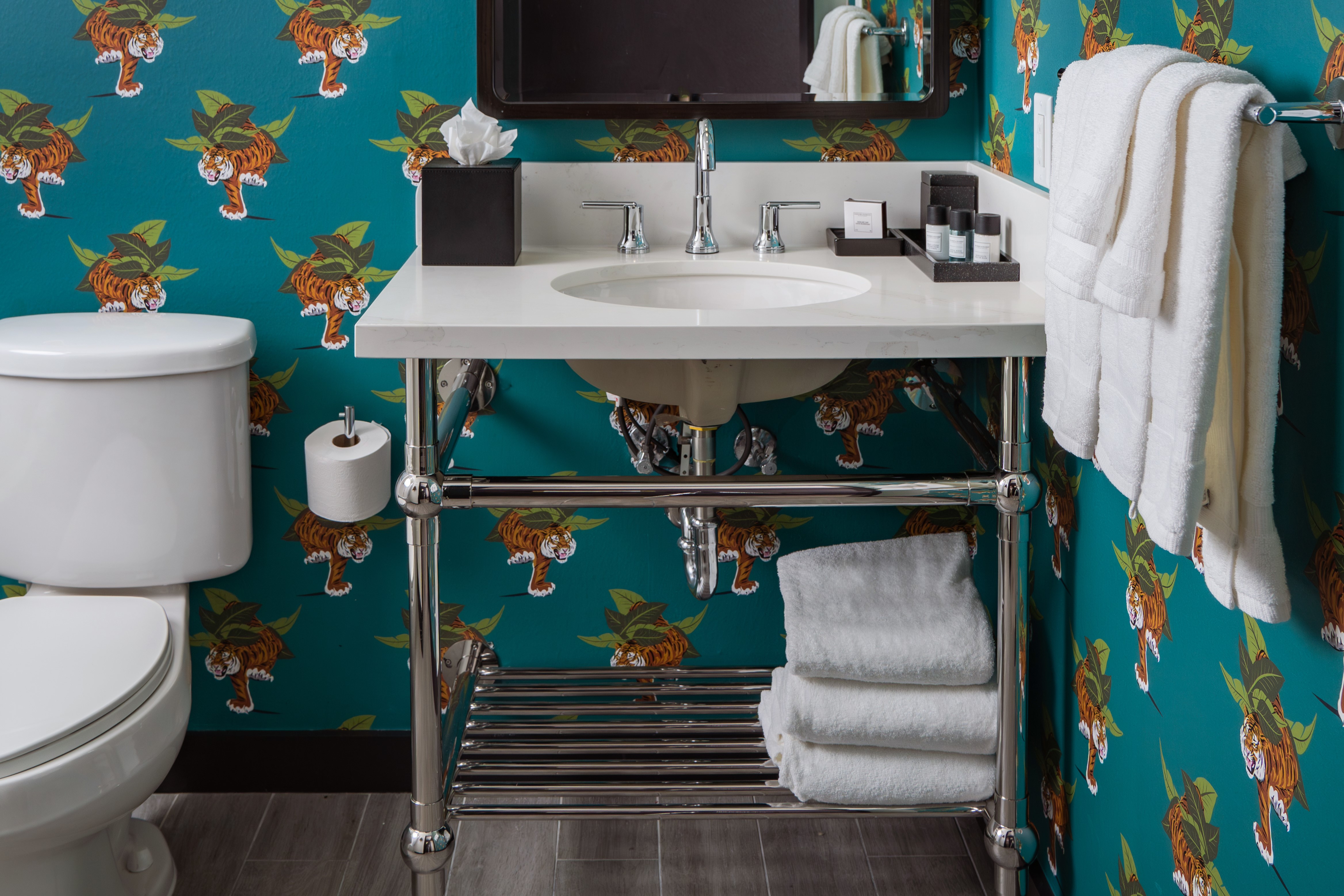 Guest room bath at the Origin Baton Rouge, a Wyndham Hotel in Baton Rouge, Louisiana