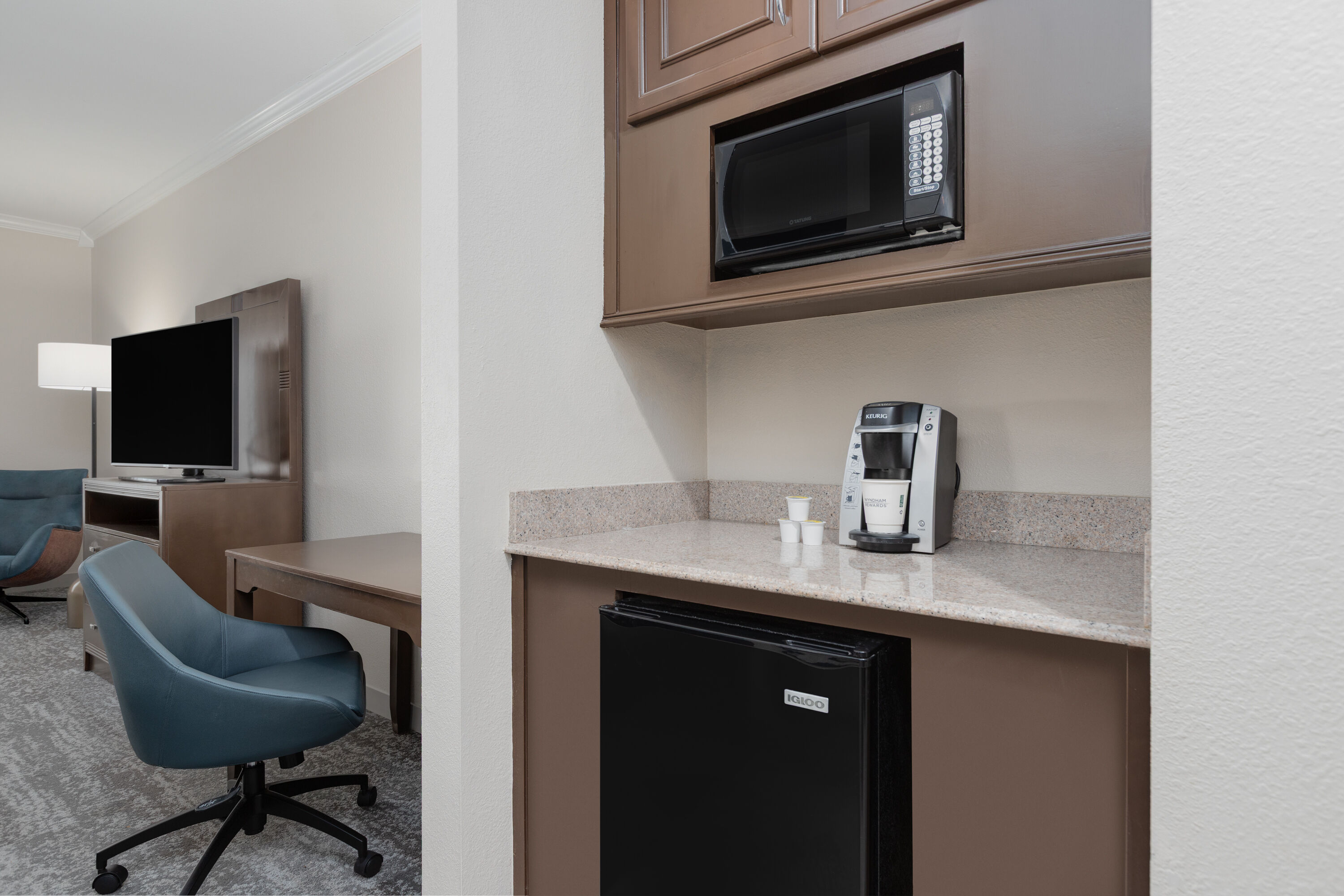 Guest room at the Wyndham Lake Charles in Lake Charles, Louisiana