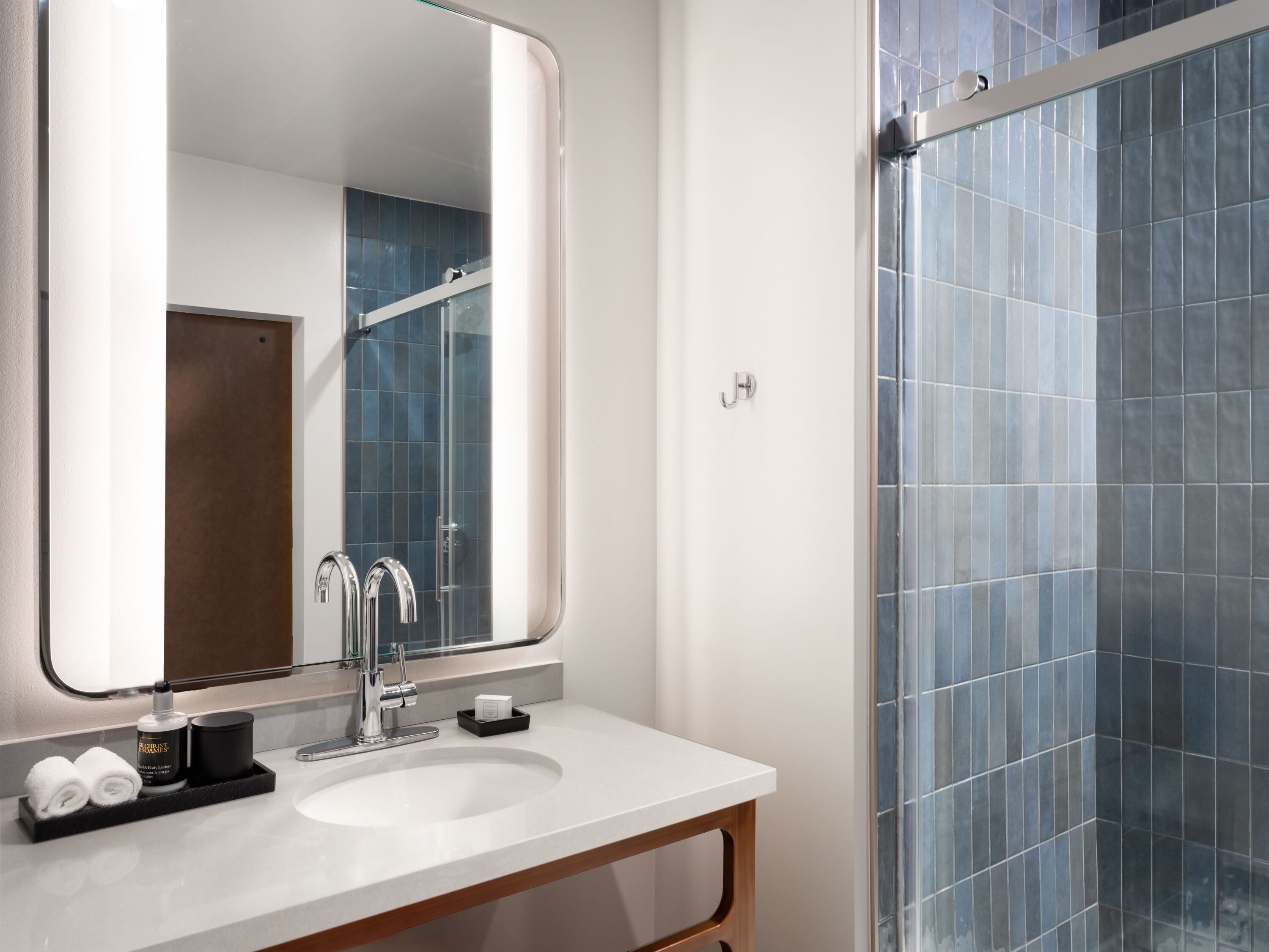 Guest room bath at the Origin Kansas City Riverfront, a Wyndham Hotel in Kansas City, Missouri