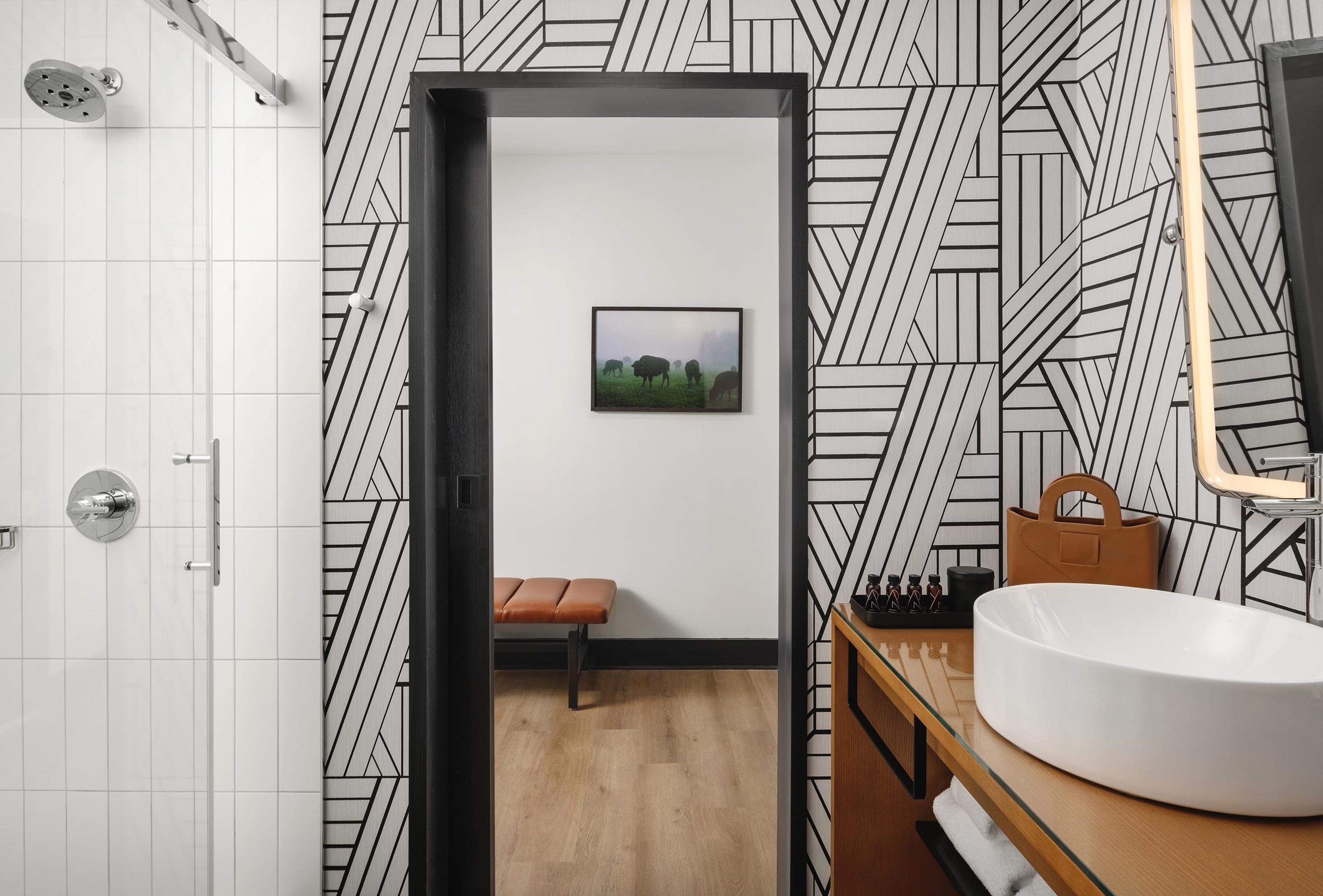 Guest room bath at the Hotel Tupelo, a Wyndham Hotel in Tupelo, Mississippi