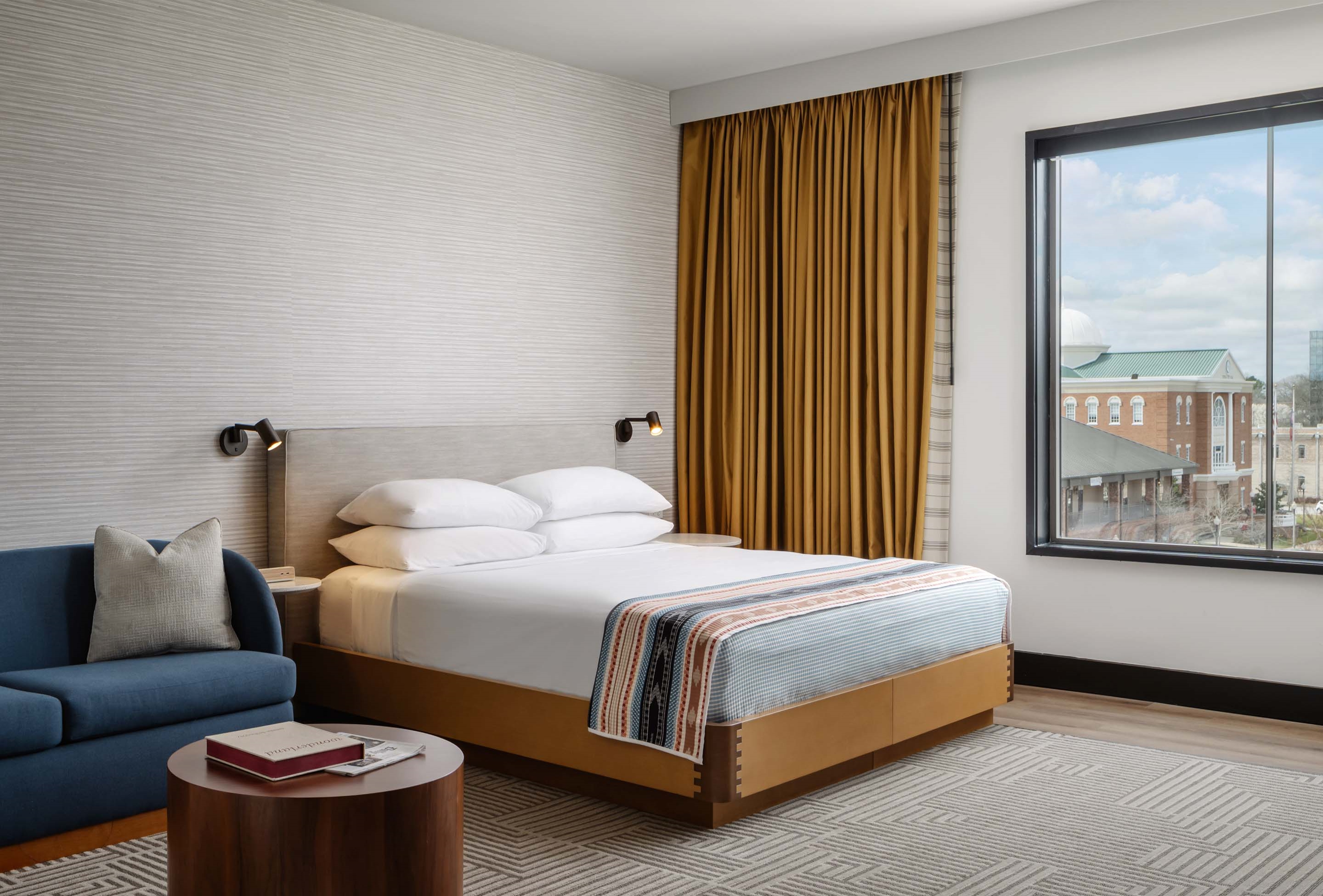 Guest room at the Hotel Tupelo, a Wyndham Hotel in Tupelo, Mississippi