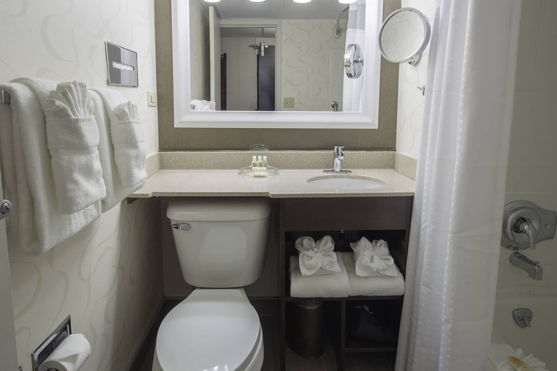 Guest room bath at the Wyndham Rochester Downtown in Rochester, New York
