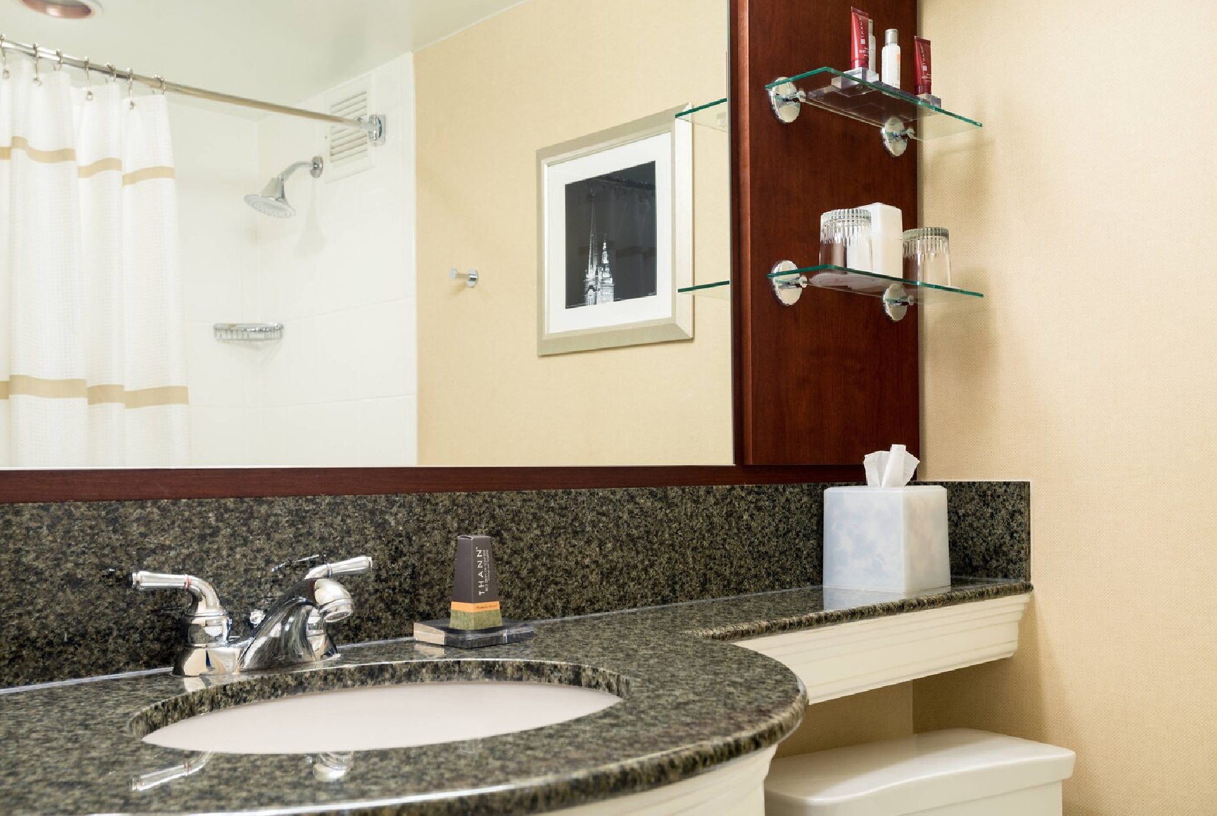 Guest room bath at the Wyndham Cleveland Airport in Cleveland, Ohio
