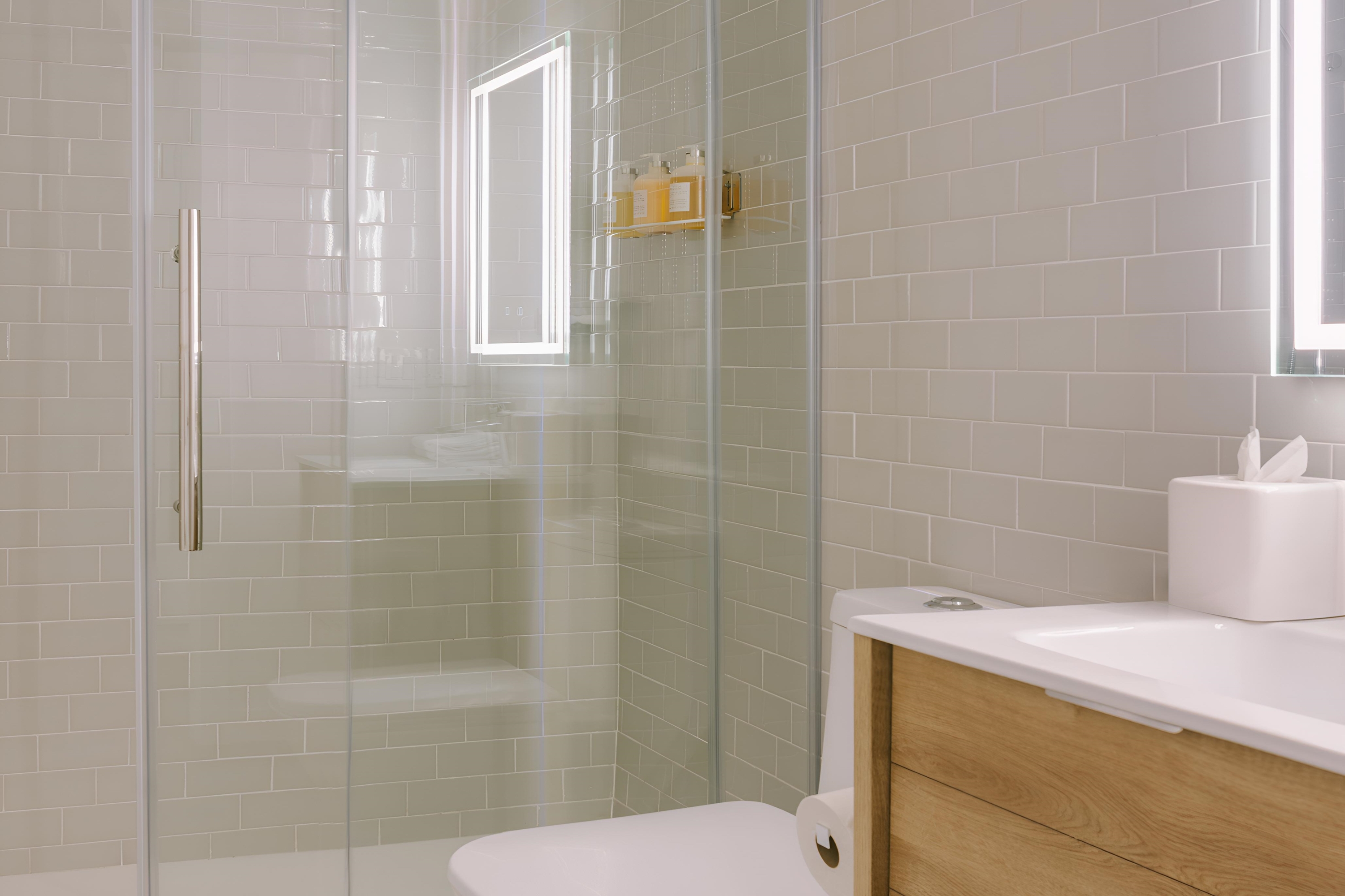 Guest room bath at the The Heid Lofts by Reside, a Wyndham Residence in Philadelphia, Pennsylvania