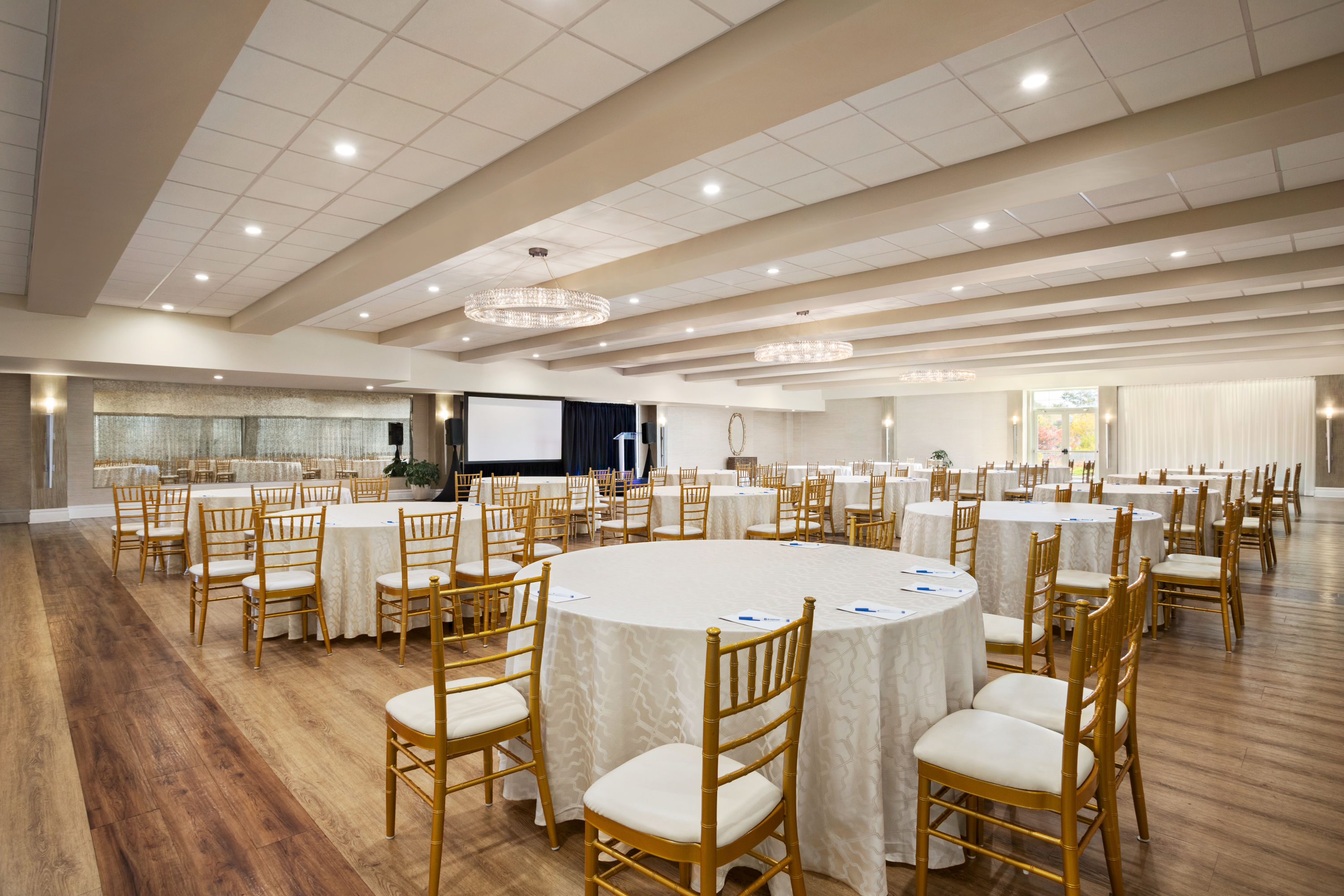 Meeting room banquet rounds at Wyndham Newport Hotel in Middletown, Rhode Island