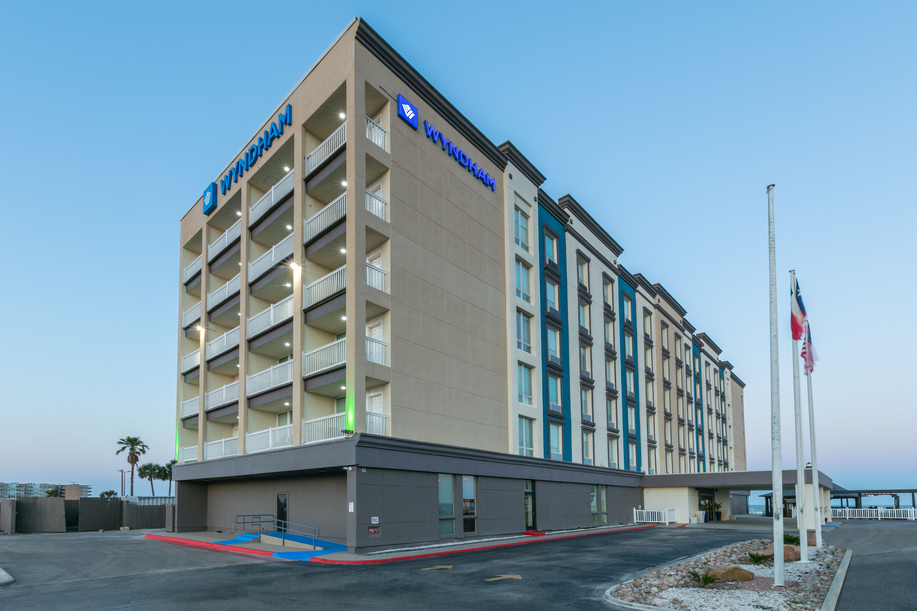 Exterior Dusk Image of Wyndham Corpus Christi Resort North Padre Island hotel in Corpus Christi, Texas