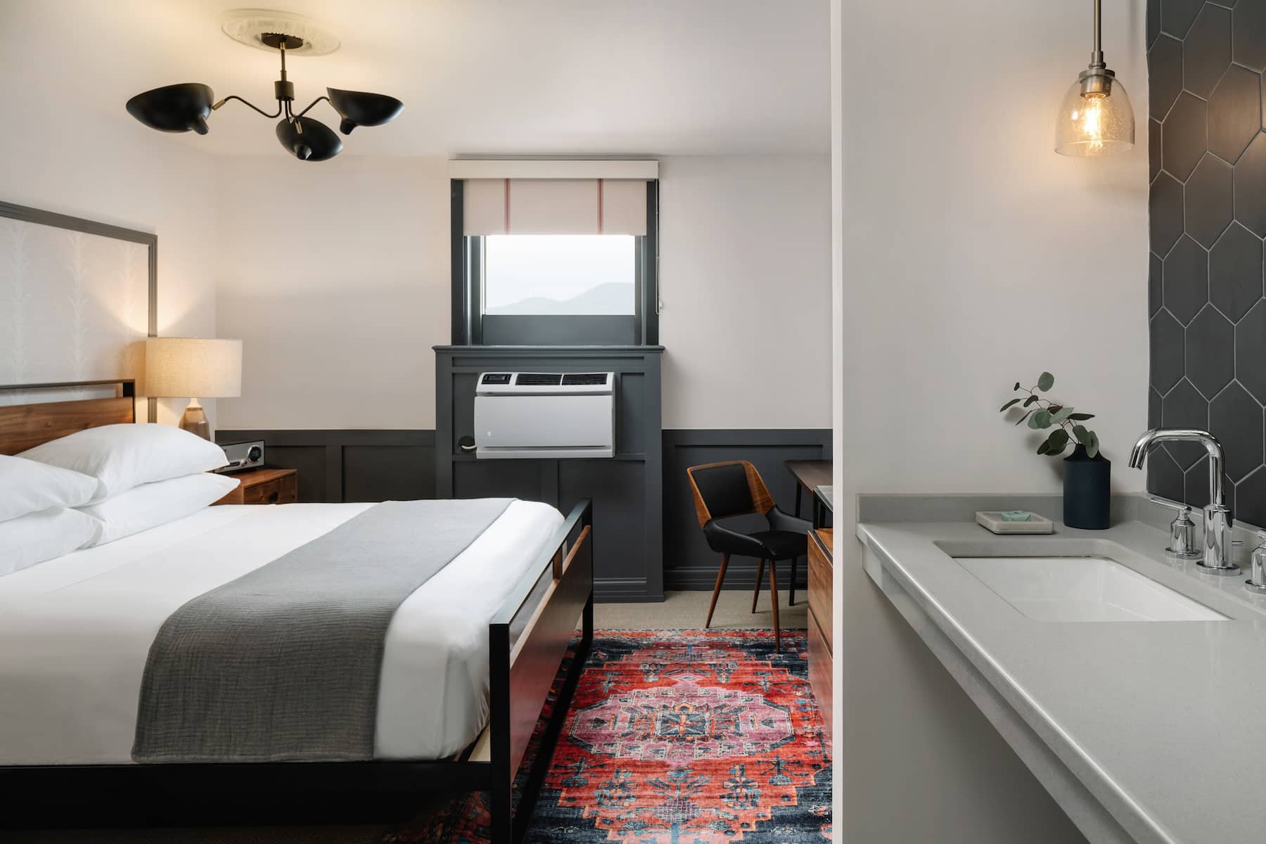 Guest room at the Hotel Morgan a Wyndham Hotel in Morgantown, West Virginia