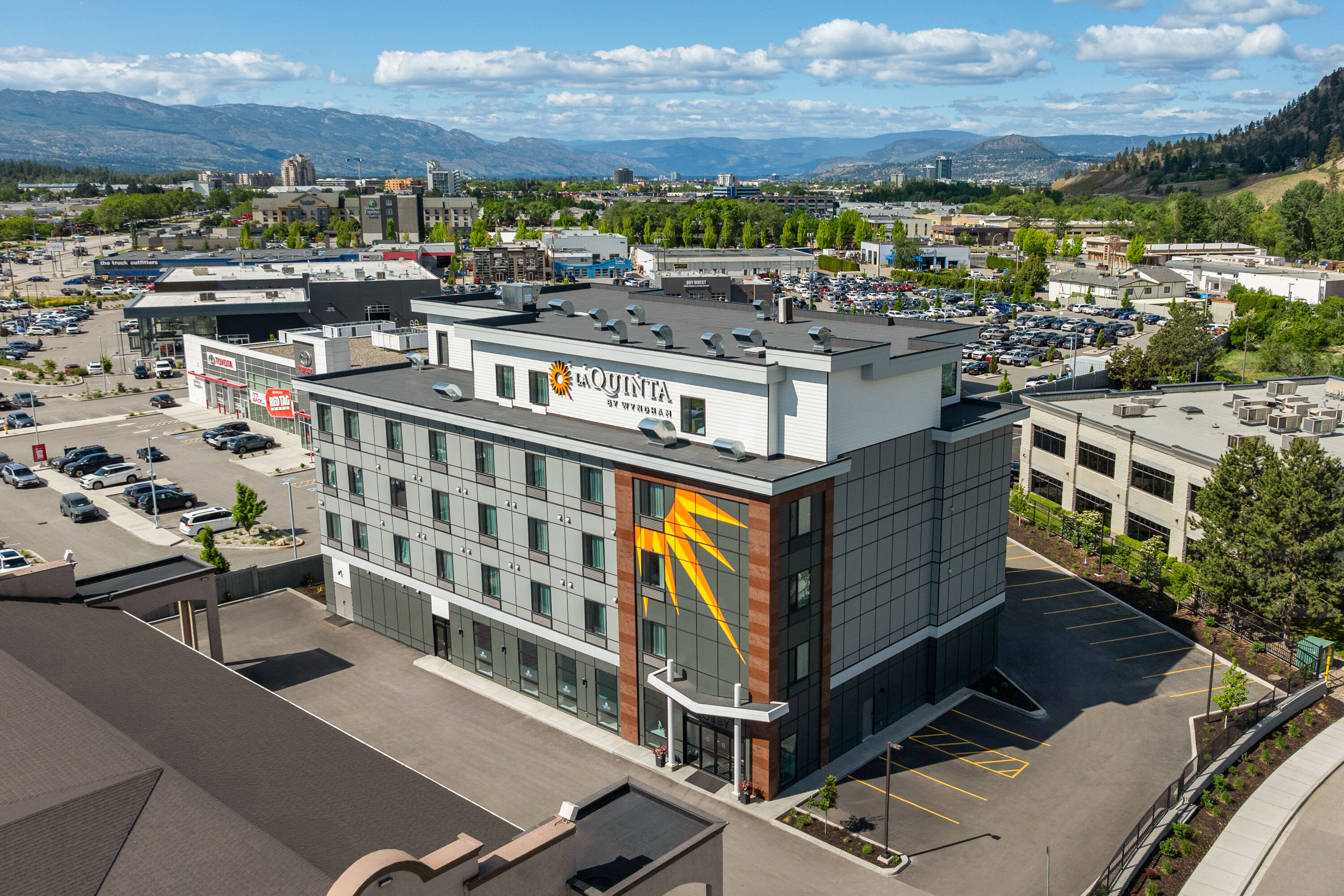 Aerial View of La Quinta Inn & Suites by Wyndham Kelowna BC hotel in Kelowna, British Columbia