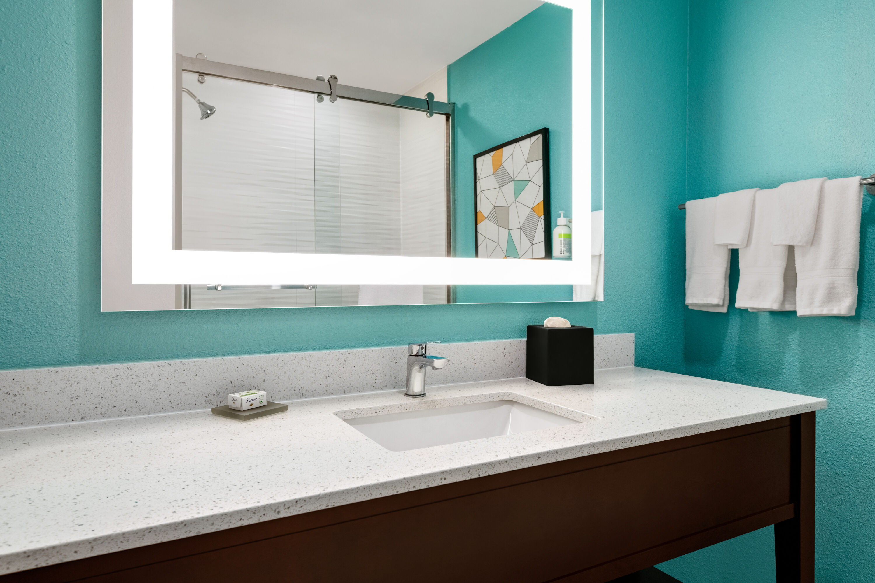 Guest room bath at the La Quinta Inn & Suites by Wyndham Montgomery in Montgomery, Alabama