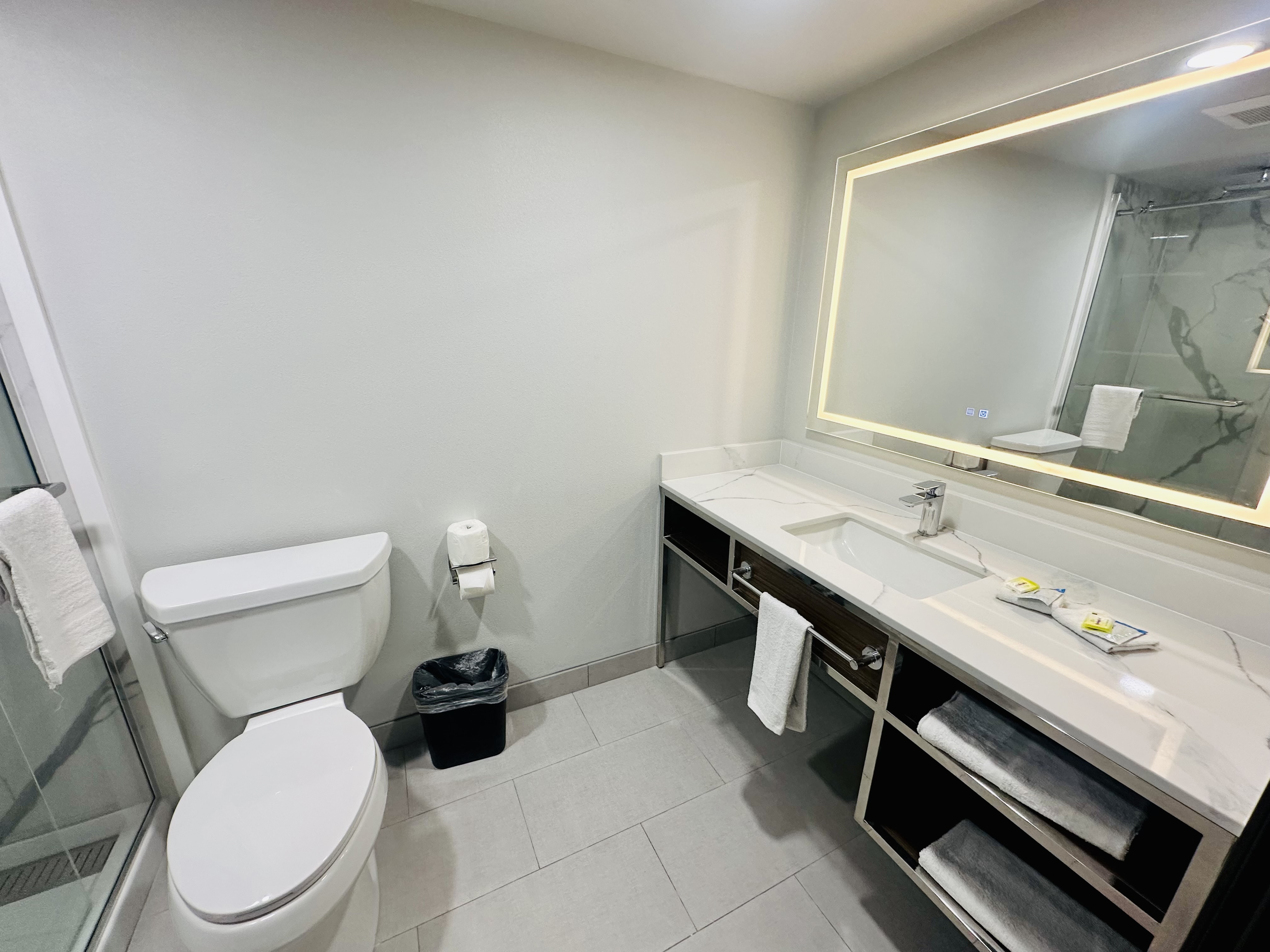 Guest room bath at the La Quinta Inn by Wyndham Costa Mesa / Newport Beach in Costa Mesa, California