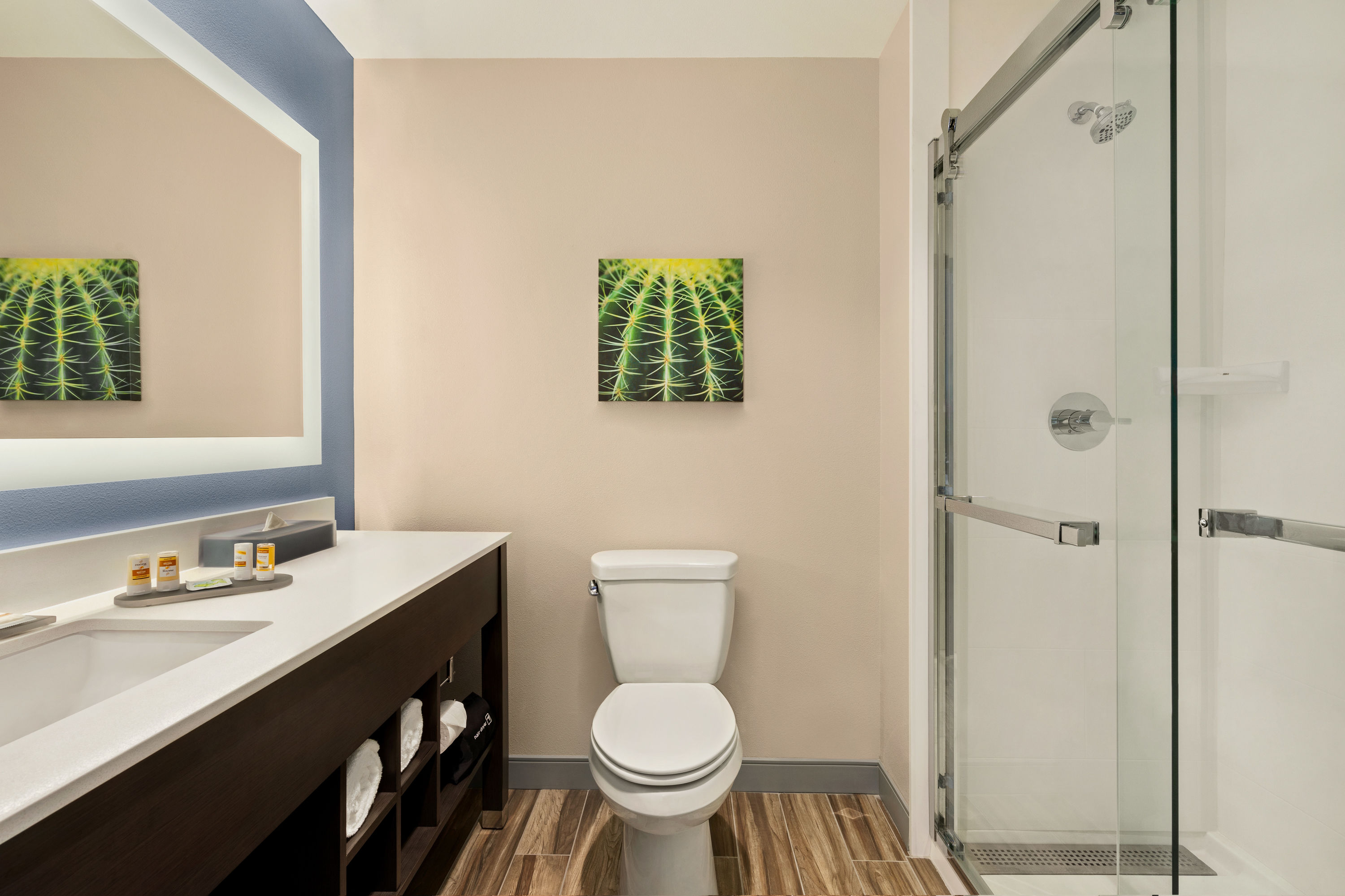 Guest room bath at the La Quinta Inn & Suites by Wyndham San Bernardino in San Bernardino, California