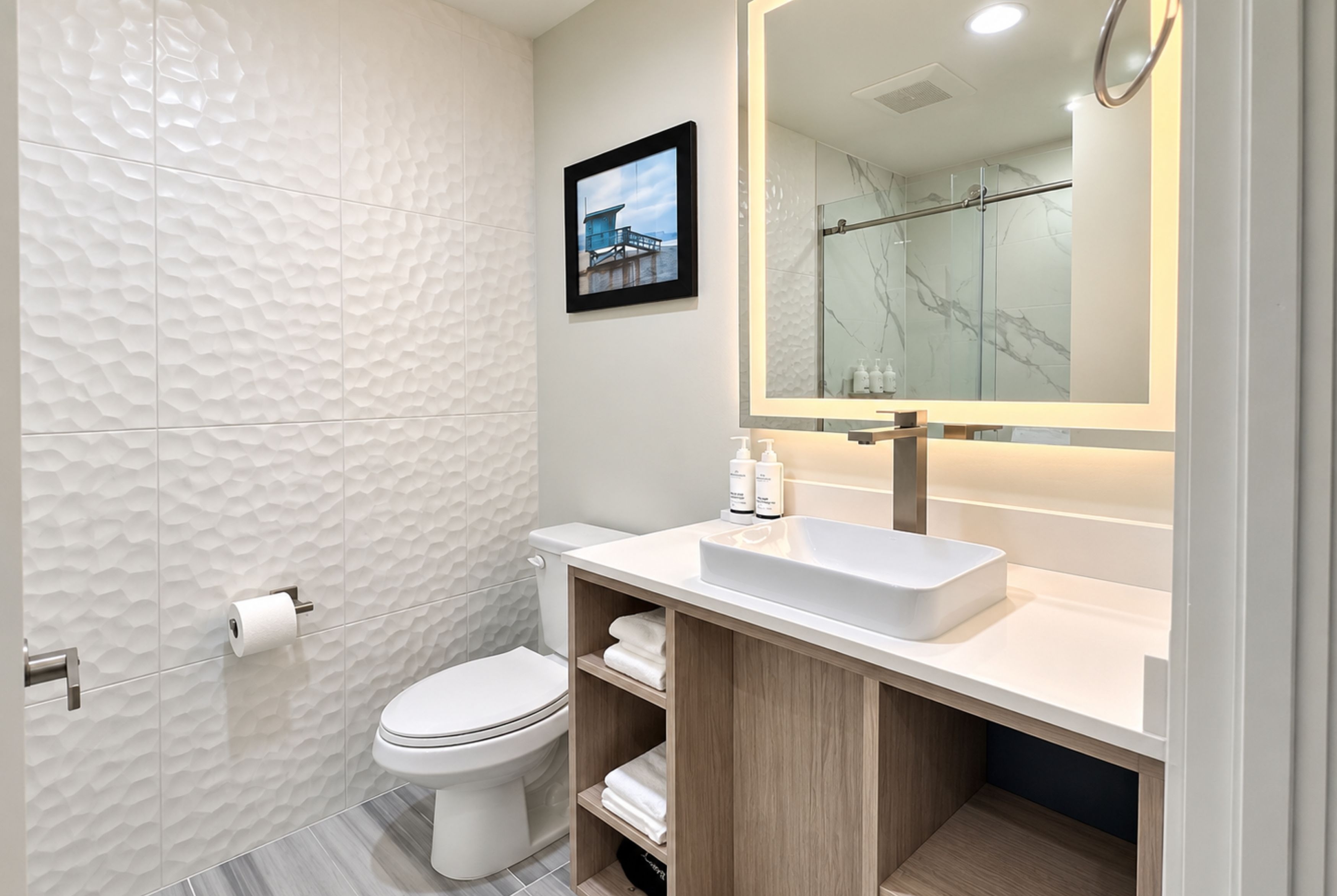 Guest room bath at the La Quinta Inn and Suites by Wyndham Torrance Redondo Beach in Torrance, California