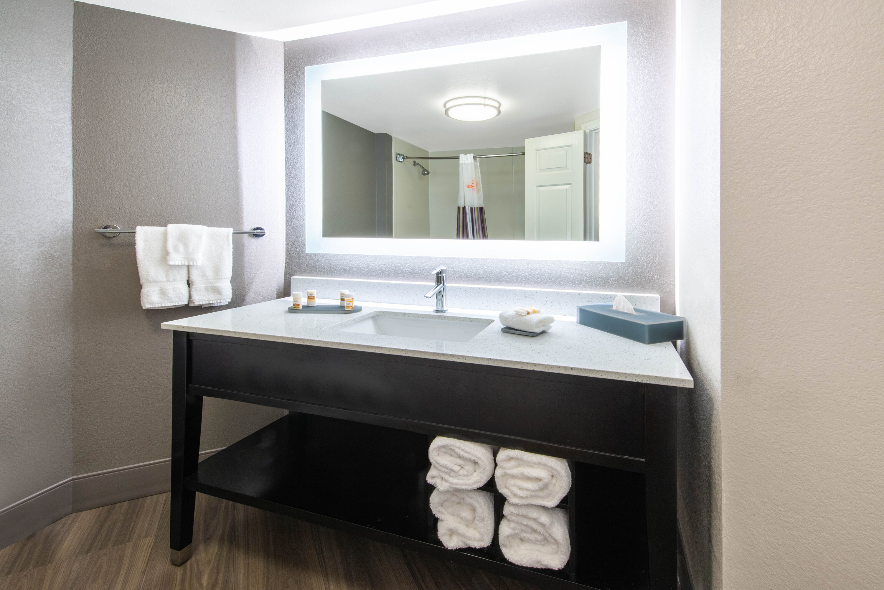 Guest room bath at the La Quinta Inn & Suites by Wyndham Tampa Brandon Regency Park in Brandon, Florida