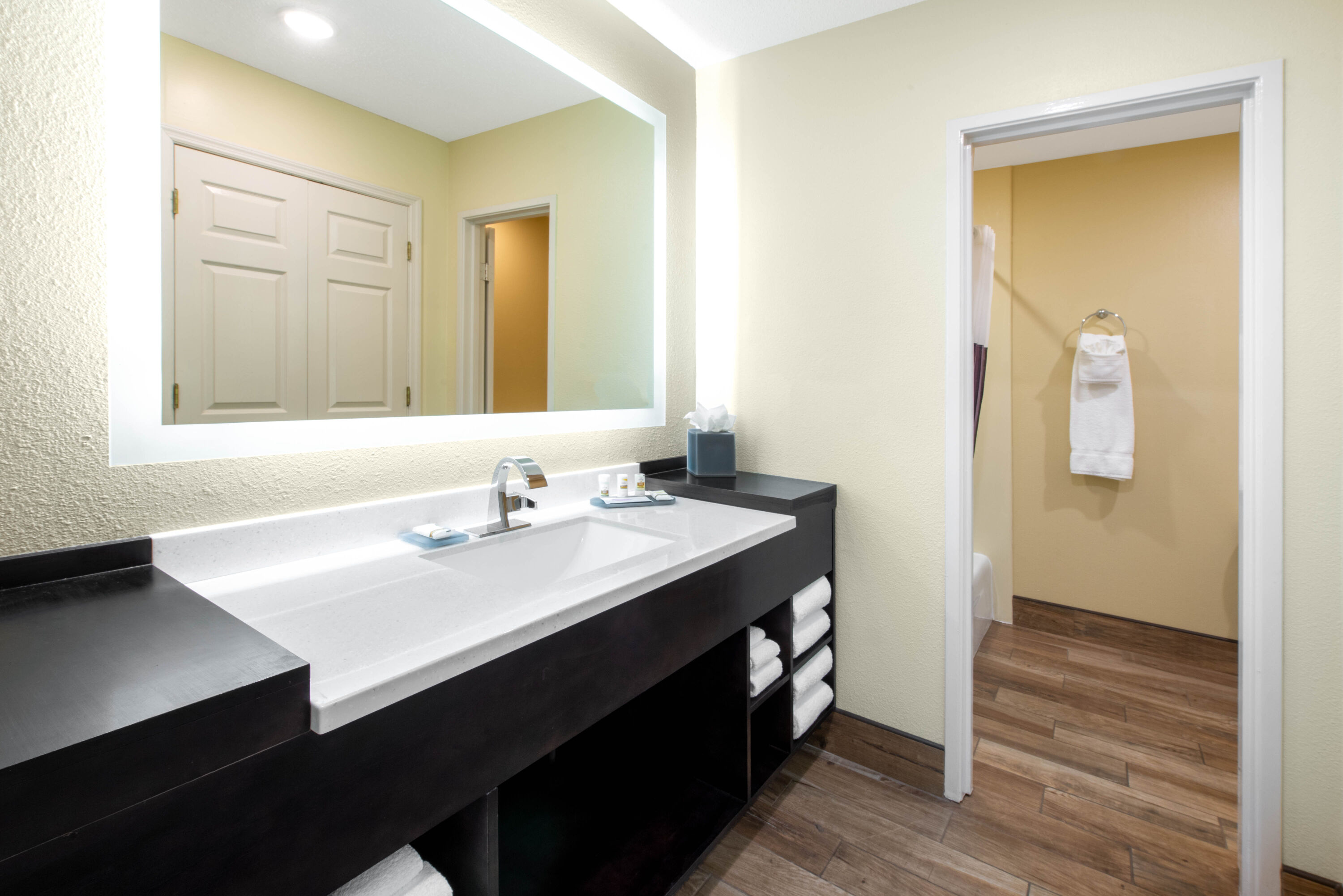 Guest room bath at the La Quinta Inn by Wyndham Clearwater Central in Clearwater, Florida