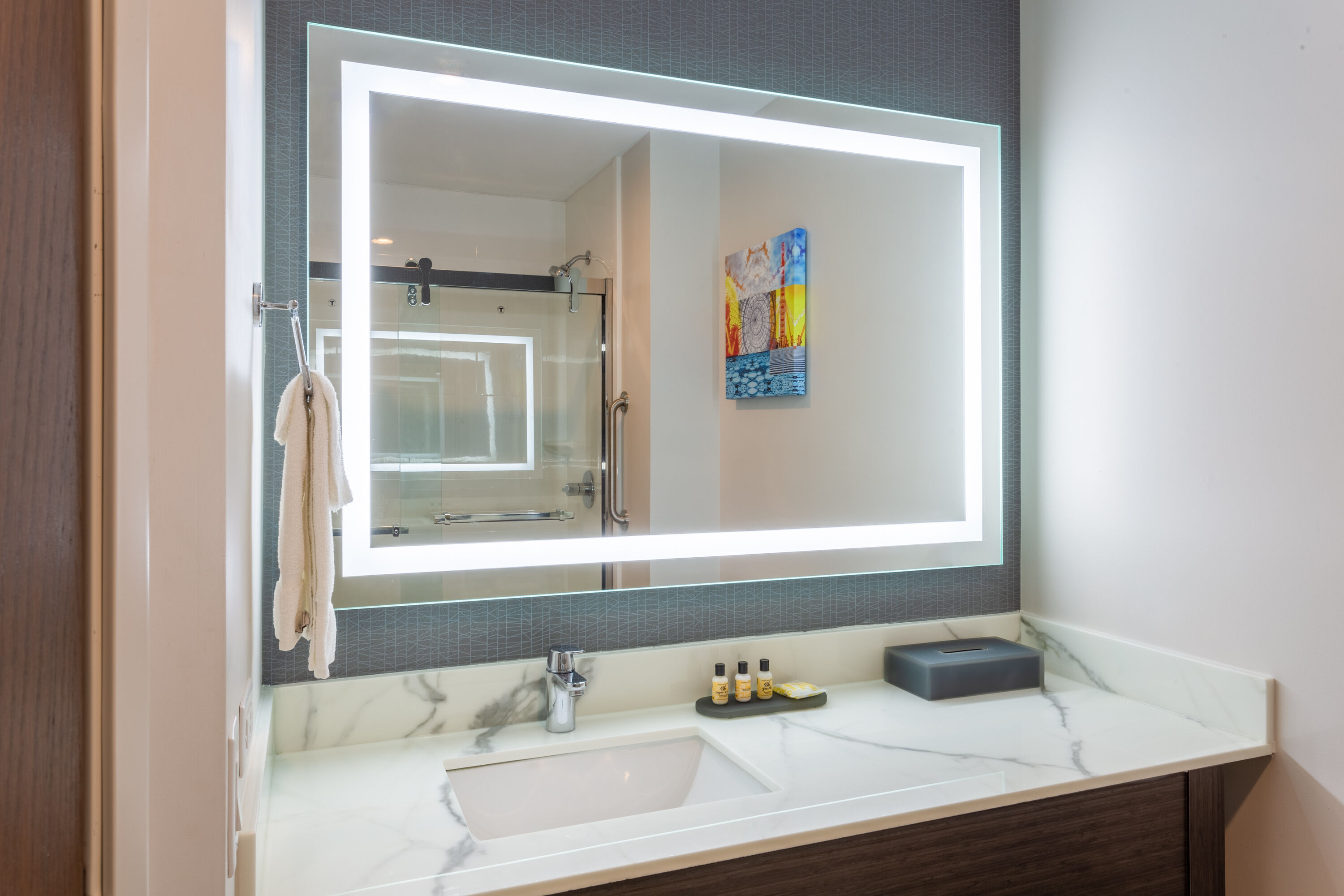 Guest room bath at the La Quinta Inn & Suites by Wyndham Shorewood in Shorewood, Illinois