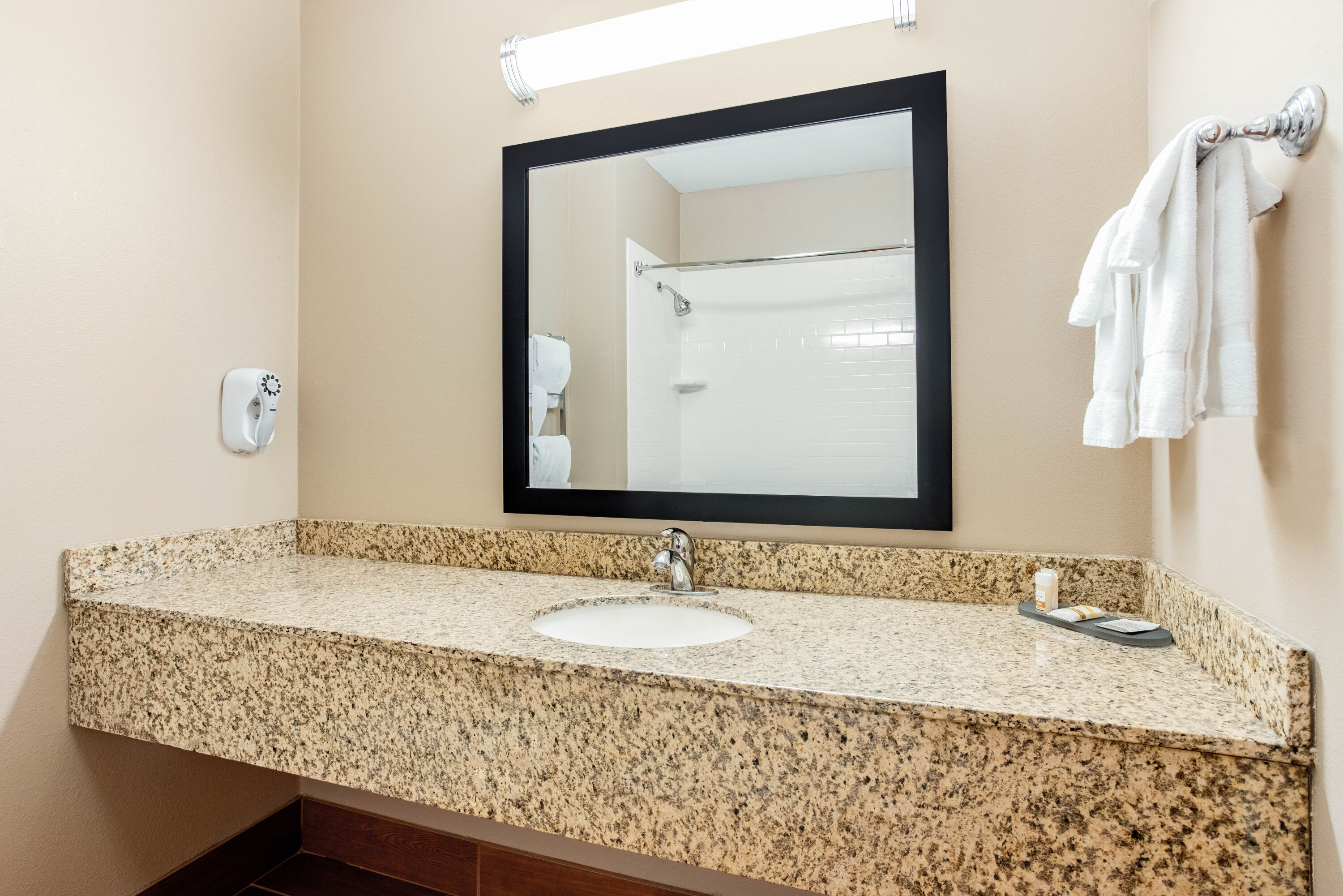 Guest room bath at the La Quinta by Wyndham Indianapolis Airport Plainfield in Plainfield, Indiana