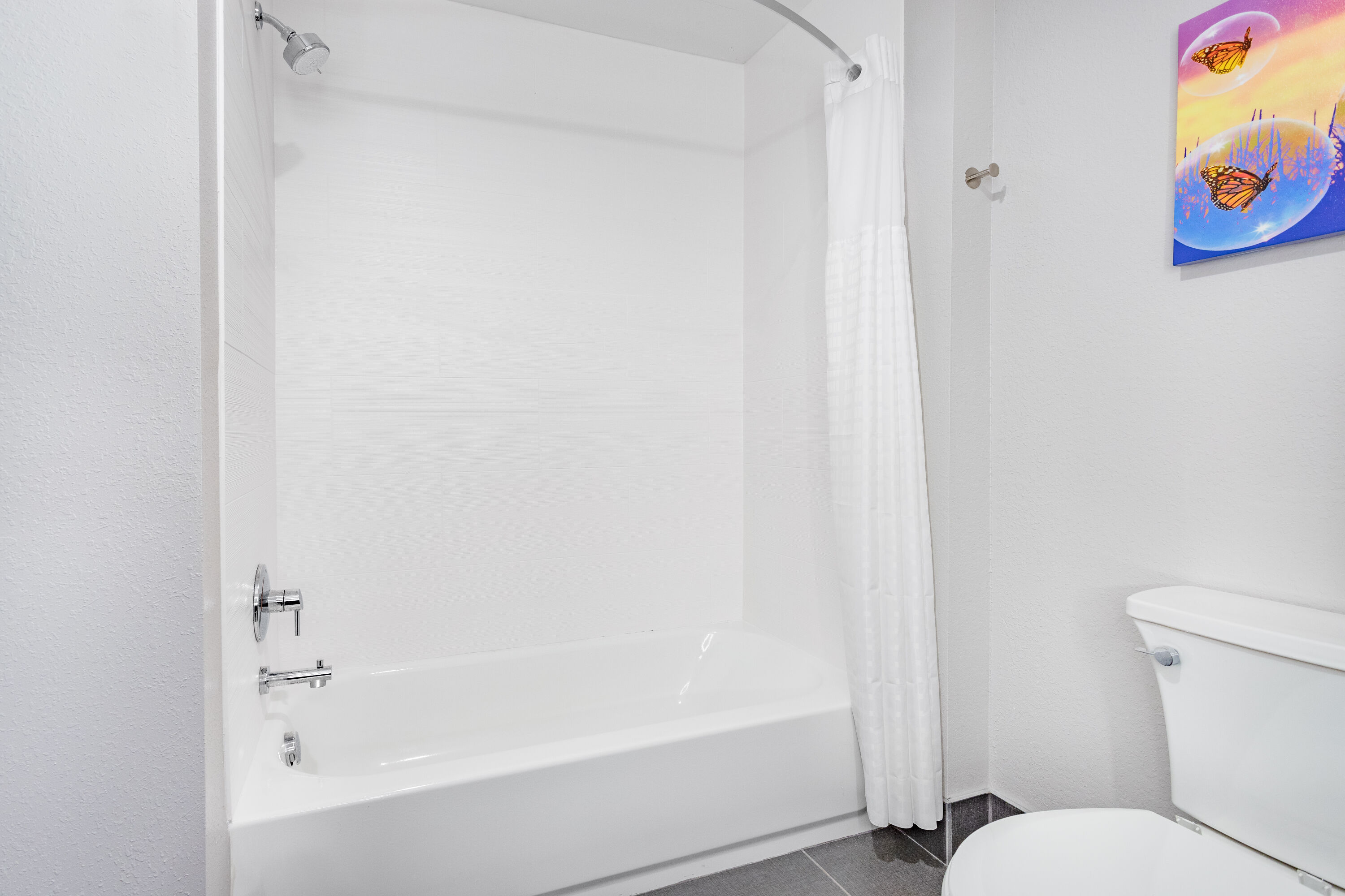 Guest room bath at the LaQuinta Suites by Wyndham South Bend Notre Dame Area in South Bend, Indiana