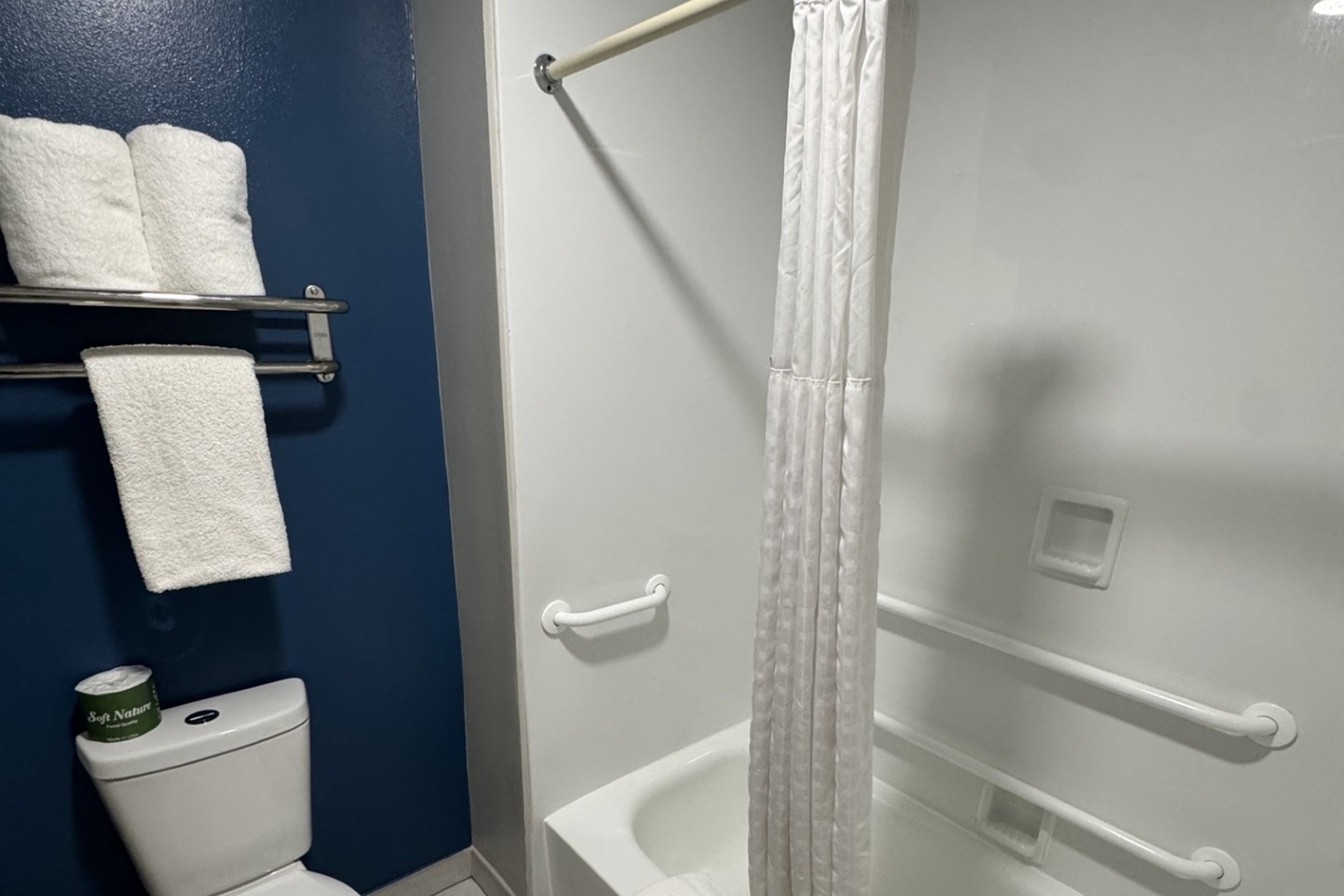 Guest room bath at the La Quinta Inn by Wyndham Auburn Worcester in Auburn, Massachusetts